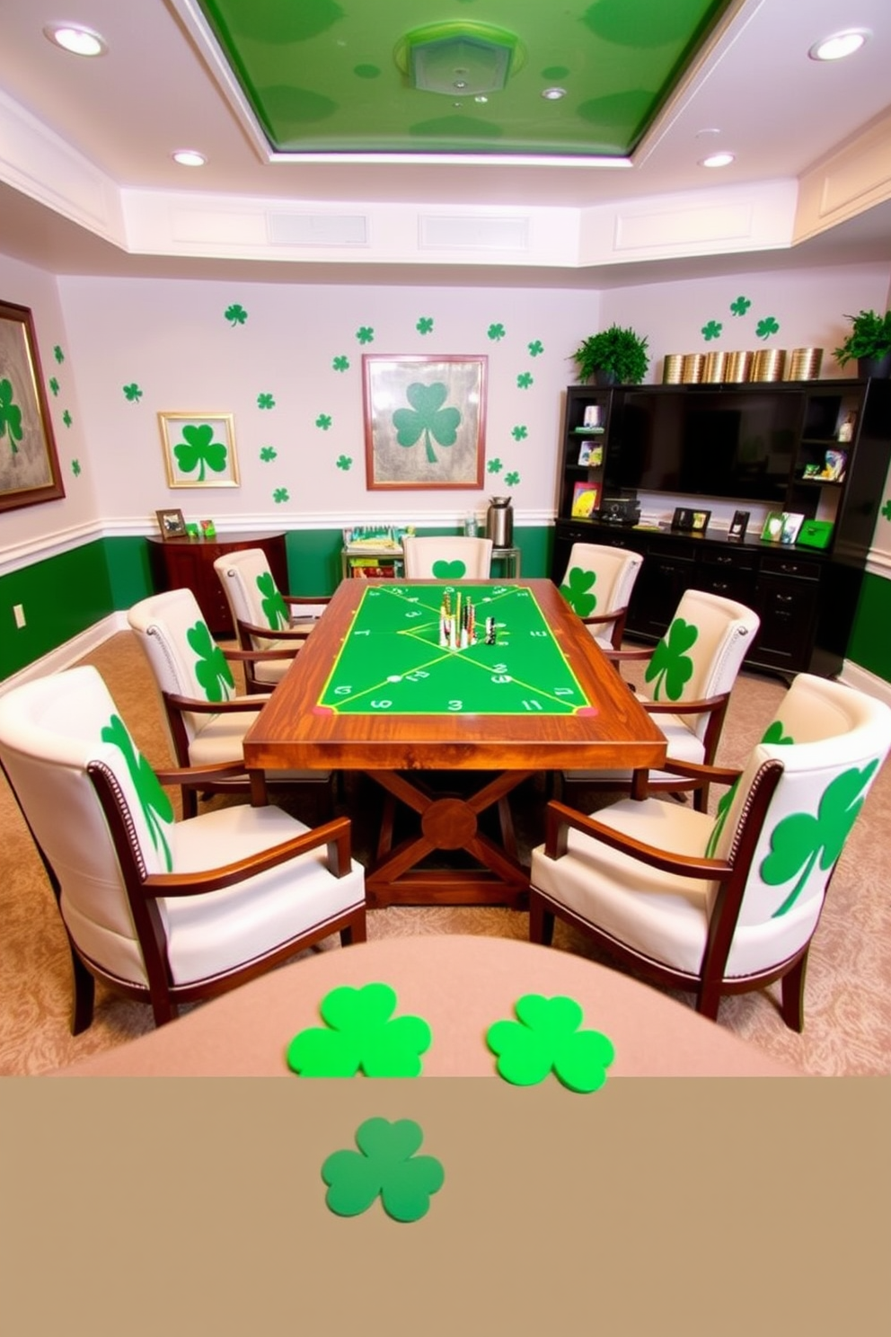 A vibrant game room designed for tabletop games featuring shamrock designs. The walls are adorned with green and gold accents, creating a festive atmosphere perfect for St. Patrick's Day celebrations. The centerpiece is a large wooden table surrounded by comfortable chairs, each featuring shamrock motifs. Decorative elements include green felt coasters and themed game accessories that enhance the playful vibe of the space.