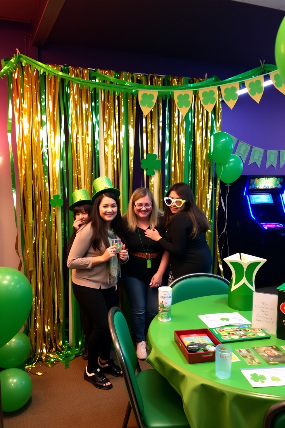 A vibrant photo booth area is set up with a backdrop of green and gold streamers. Festive props like oversized shamrock hats and glittery leprechaun glasses are scattered around for guests to enjoy. The game room is transformed with playful St. Patrick's Day decorations. Green balloons and banners adorn the walls while a themed table is filled with fun games and activities for all ages.