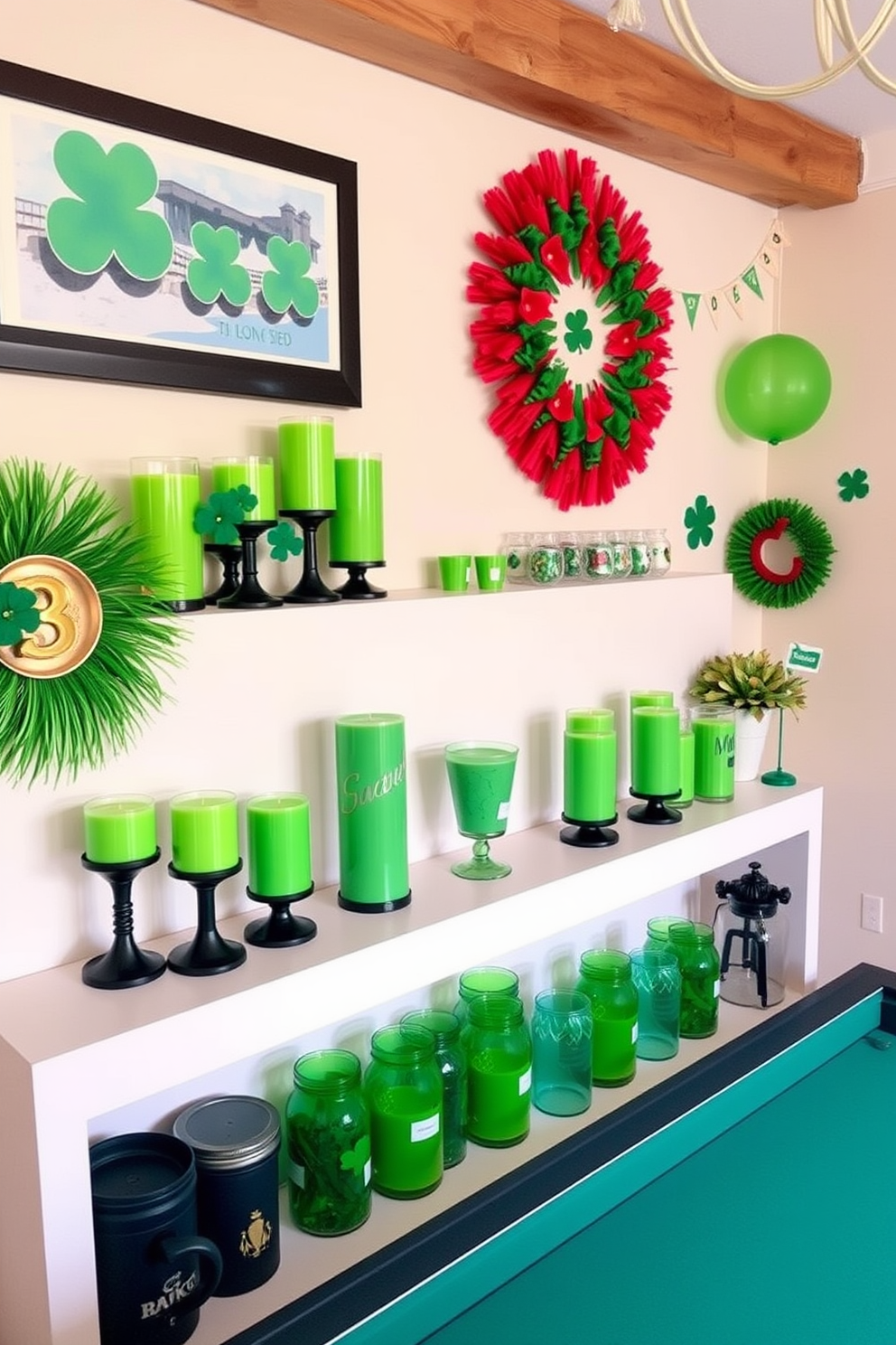 A vibrant game room featuring decorative green candles arranged on shelves. The space is adorned with festive St. Patrick's Day decorations, creating a lively and cheerful atmosphere.