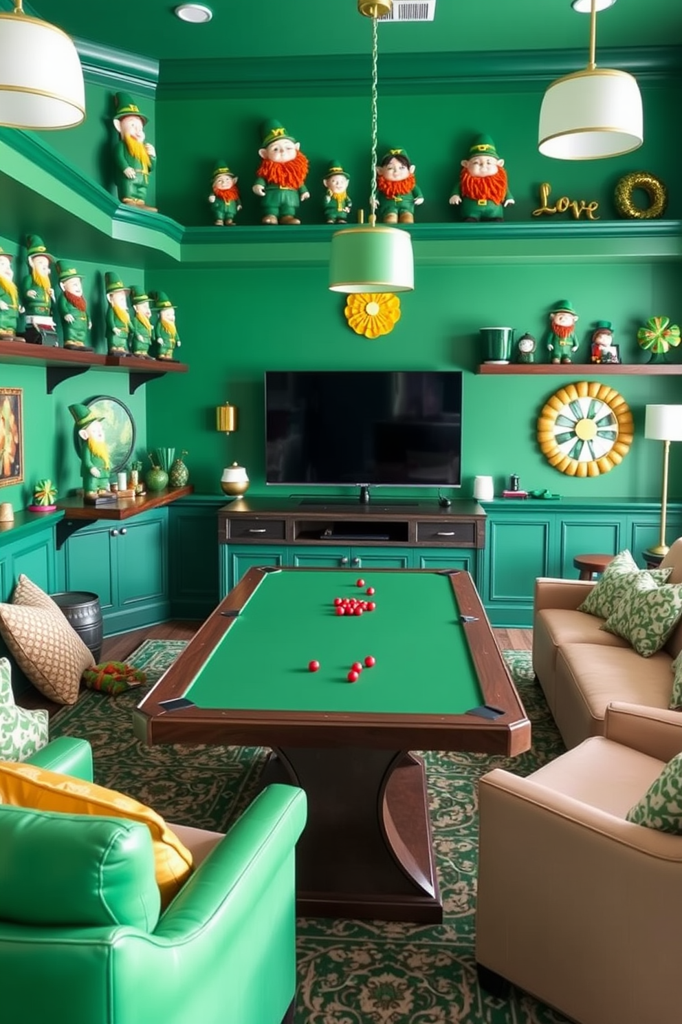 A vibrant game room adorned with festive St. Patrick's Day decorations. Leprechaun figurines of various sizes are playfully arranged on shelves, adding a whimsical touch to the space. The walls are painted in a rich emerald green, complemented by playful accents of gold and white. A large table in the center is set up for games, surrounded by comfortable seating that invites friends and family to gather and celebrate.