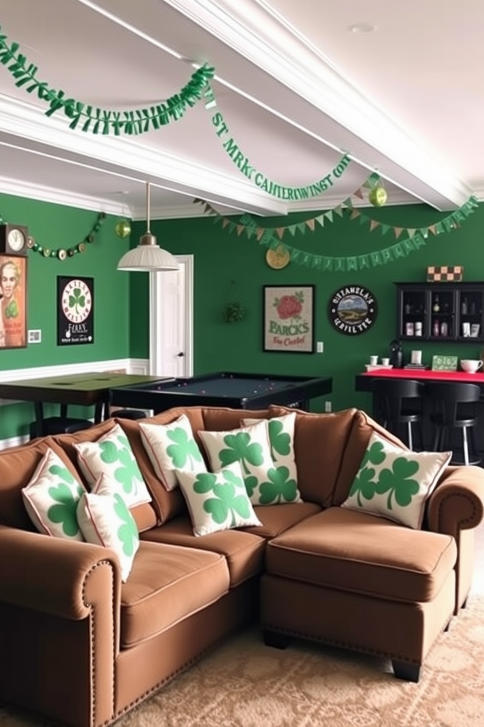 A cozy game room adorned with shamrock patterned throw pillows scattered across a plush sectional sofa. The walls are painted a vibrant green, and festive decorations for St. Patrick's Day hang from the ceiling, creating a cheerful atmosphere.