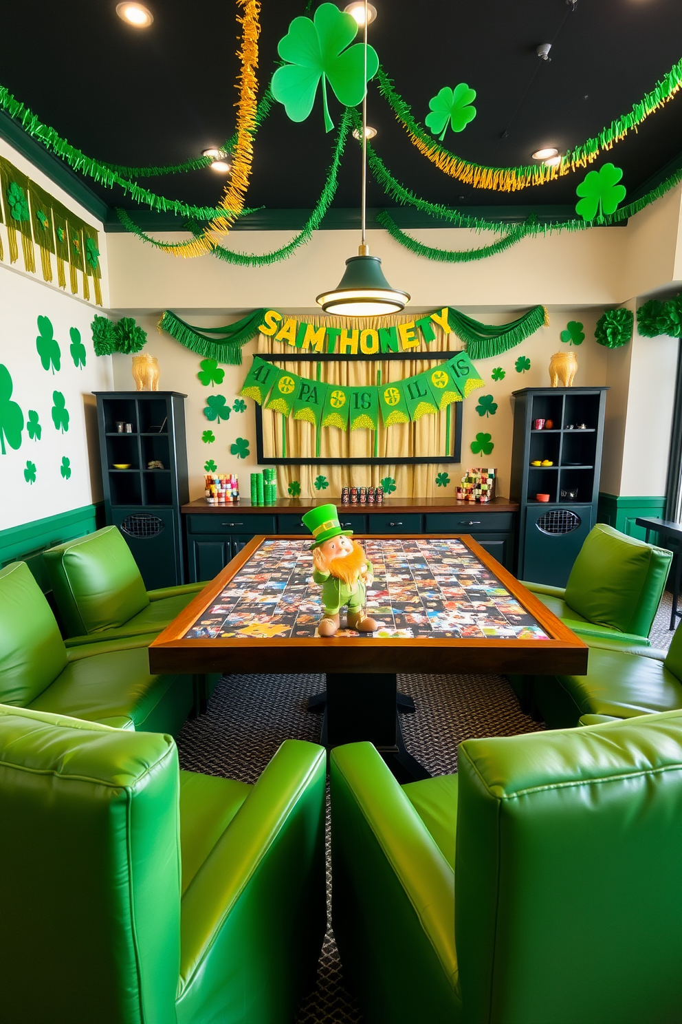 A vibrant game room designed for St. Patrick's Day celebrations. The walls are adorned with green and gold decorations, featuring shamrocks and festive banners. A large table is set up for puzzles, surrounded by comfortable seating in shades of green. A playful leprechaun figurine sits on the table, adding a whimsical touch to the festive atmosphere.