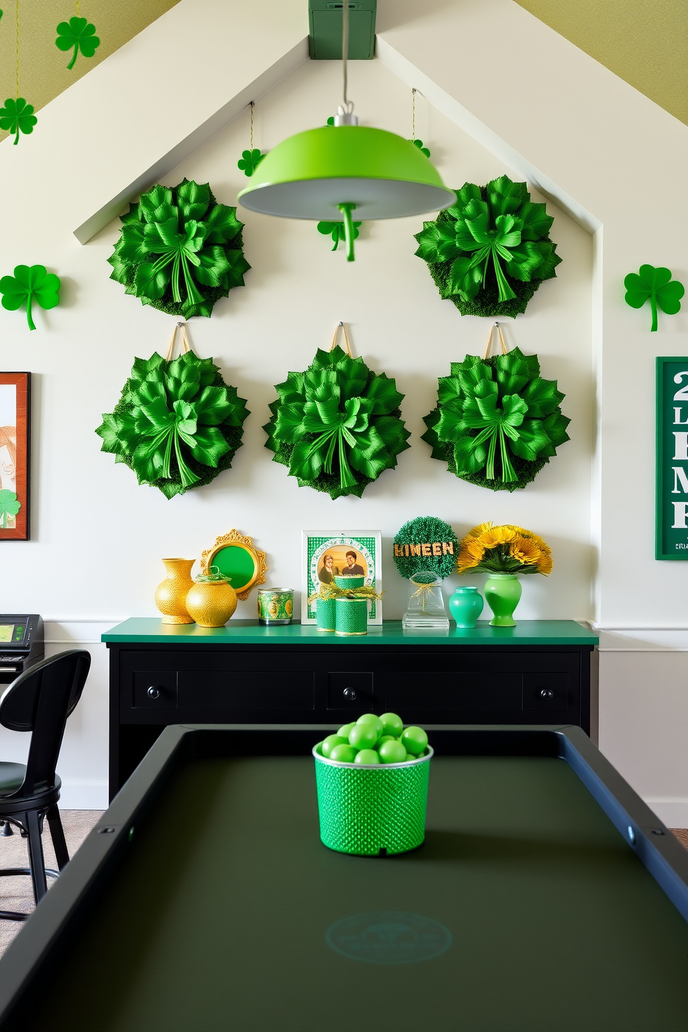 A vibrant game room adorned with wall mounted shamrock wreaths. The decor features playful accents in shades of green and gold, creating a festive atmosphere for St. Patrick's Day celebrations.