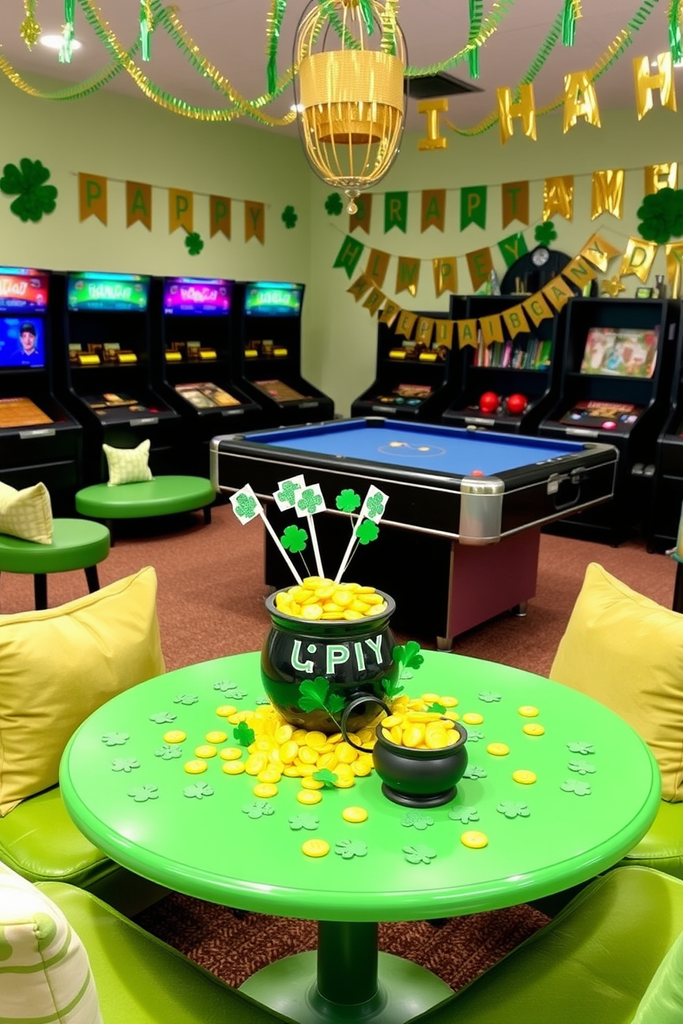 A vibrant game room filled with festive St. Patrick's Day decorations. Colorful DIY pot of gold candy jars are placed on a cheerful green table, surrounded by playful shamrock accents. The walls are adorned with playful green and gold banners, creating a lively atmosphere. Plush seating in shades of green provides comfort for friends and family to enjoy games together.