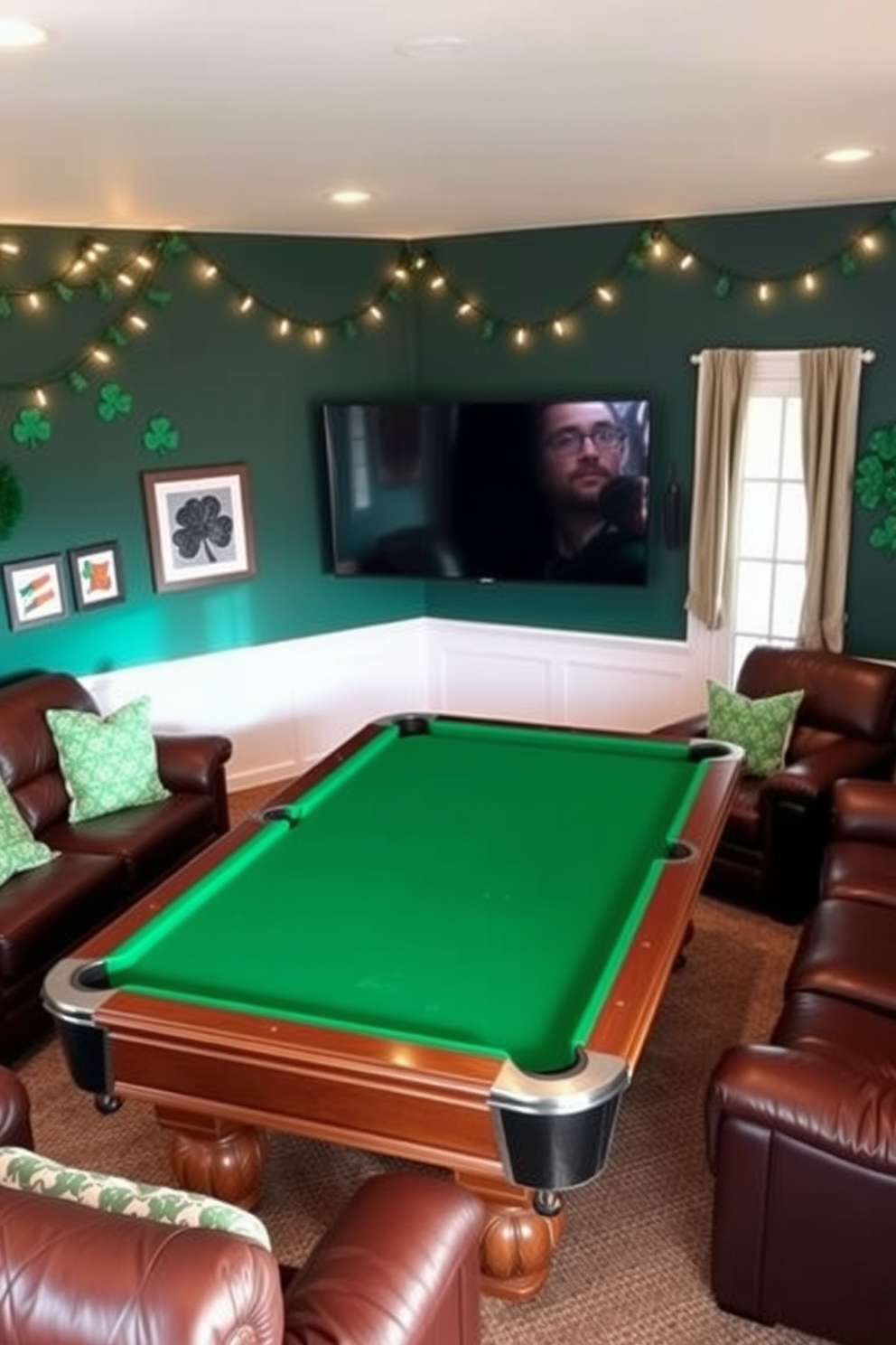 A cozy game room designed for St. Patrick's Day features a large green pool table at the center surrounded by comfortable leather seating. The walls are adorned with festive decorations including shamrocks and string lights, creating a warm and inviting atmosphere. An Irish music playlist plays softly in the background, enhancing the ambiance of the room. The combination of lively tunes and cheerful decor sets the perfect mood for entertaining friends and family during the celebration.