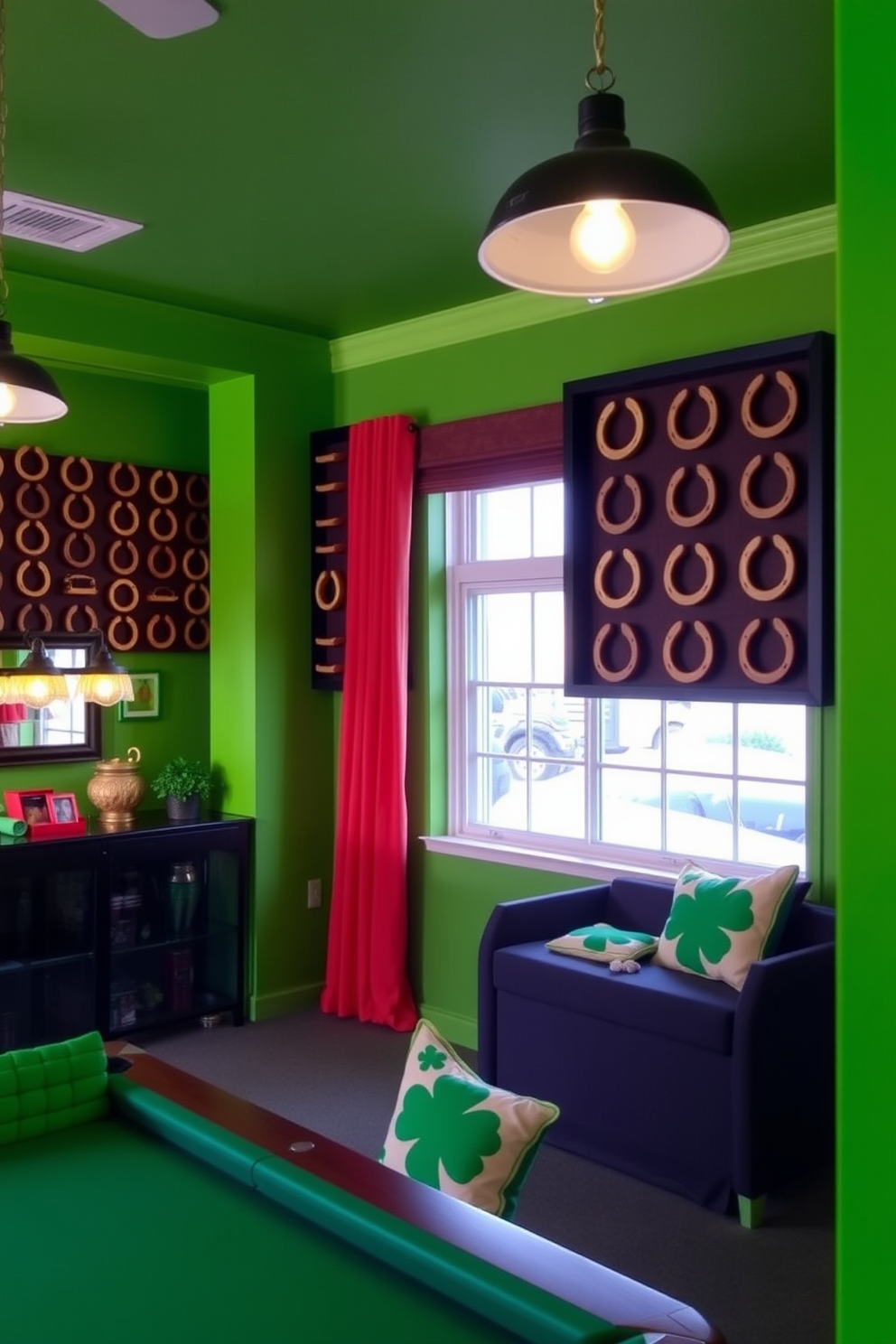 A vibrant game room adorned with lucky horseshoe wall hangings creates a festive atmosphere for St. Patrick's Day celebrations. The walls are painted in a lively green hue, and the decor features playful elements like shamrock-patterned cushions and a pool table surrounded by cheerful lighting.