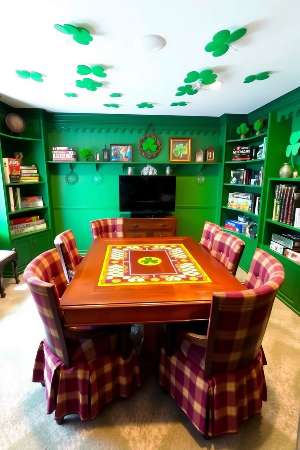 A cozy game room designed for tabletop board games featuring Irish themes. The walls are adorned with vibrant green accents and shamrock decorations, creating a festive atmosphere. A large wooden table occupies the center, surrounded by comfortable chairs with plaid upholstery. Shelves lined with classic Irish board games and decorative items add character to the space.