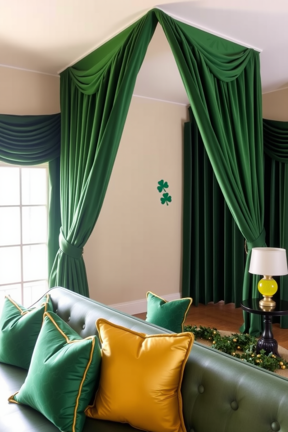 A cozy game room adorned with green velvet curtains that drape elegantly from the ceiling to the floor. The rich texture of the curtains adds warmth to the space, creating an inviting atmosphere for gatherings. For St. Patrick's Day, the room is decorated with festive accents such as shamrock motifs and gold accents. A playful arrangement of green and gold cushions on the seating enhances the celebratory theme while maintaining a stylish look.