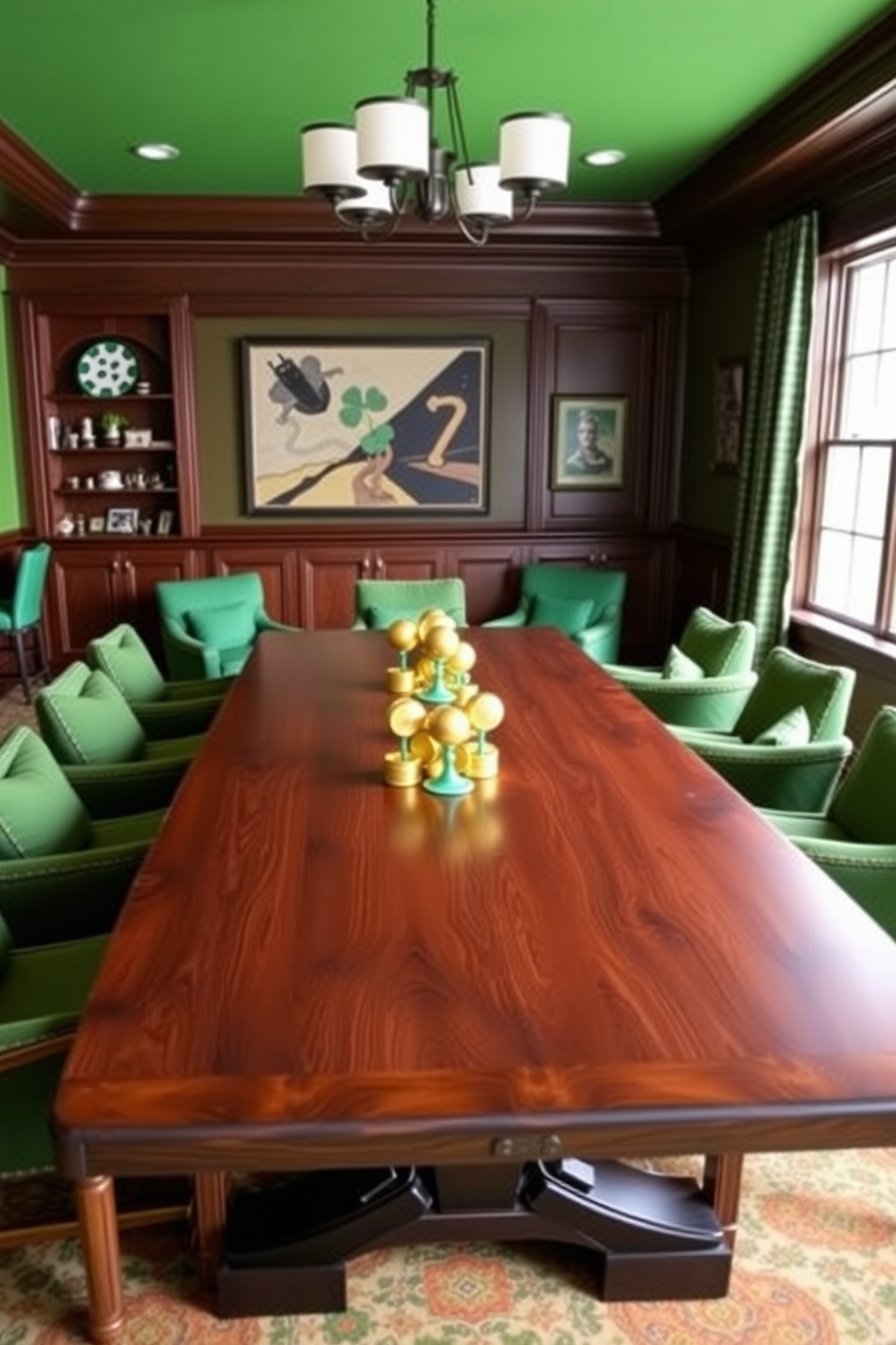 A vibrant game room designed for St. Patrick's Day features a large wooden table adorned with gold coin table centerpieces. Surrounding the table are comfortable seating options in rich green upholstery, creating a festive and inviting atmosphere.