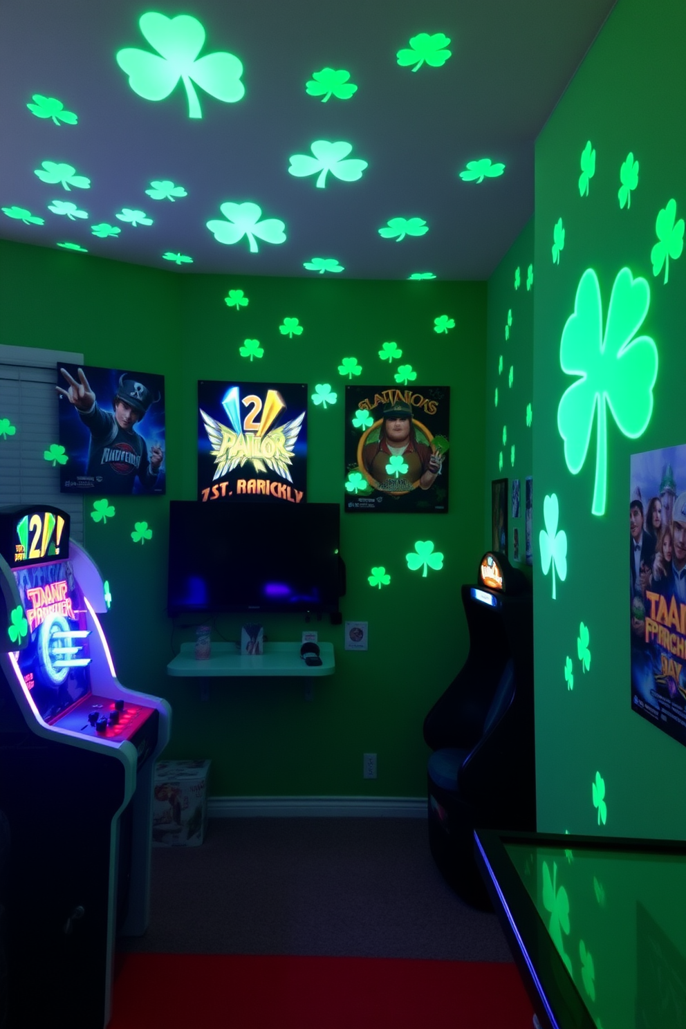 A vibrant game room adorned with glow in the dark shamrock stickers creating a festive atmosphere. The walls are painted in a cheerful green shade to celebrate St. Patrick's Day while colorful gaming posters add a playful touch.