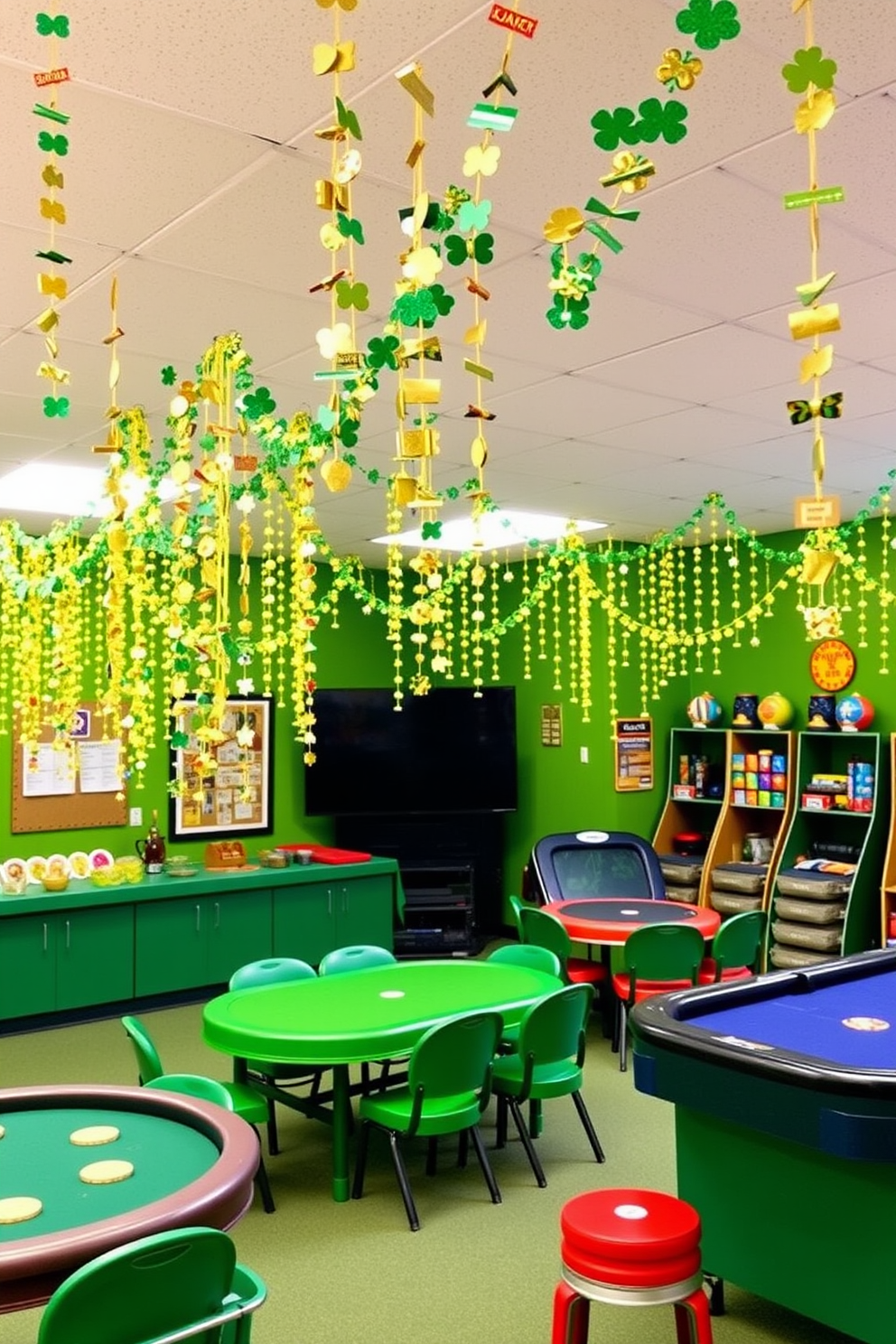 A vibrant game room is adorned with lucky charm garlands hanging overhead, creating a festive atmosphere for St. Patrick's Day celebrations. The walls are painted in a cheerful green hue, and colorful game tables are arranged for fun and entertainment.