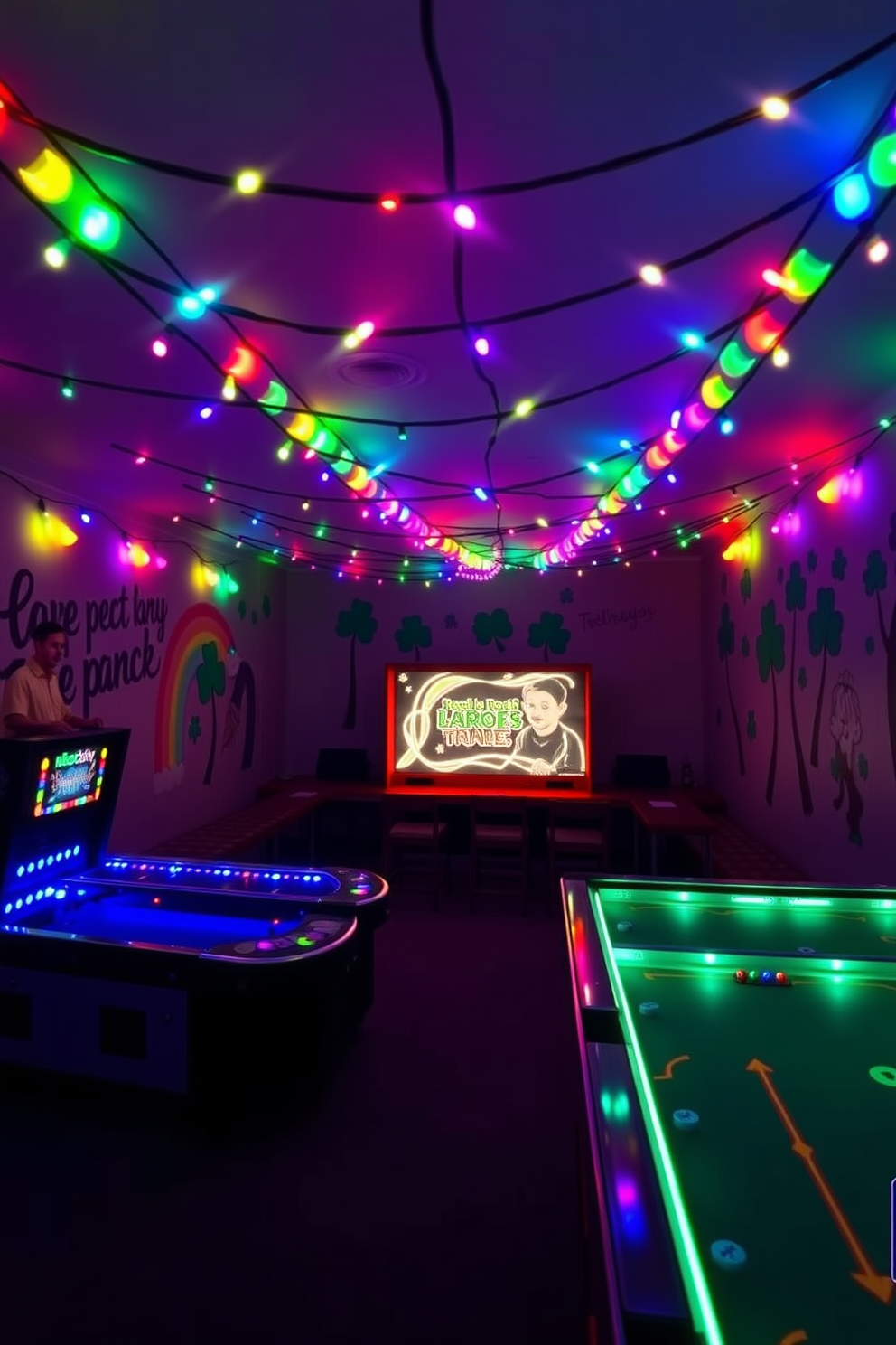 A vibrant game room adorned with rainbow colored LED string lights creating a festive atmosphere. The walls are decorated with playful St. Patrick's Day motifs, including shamrocks and leprechauns, adding a touch of whimsy and celebration.