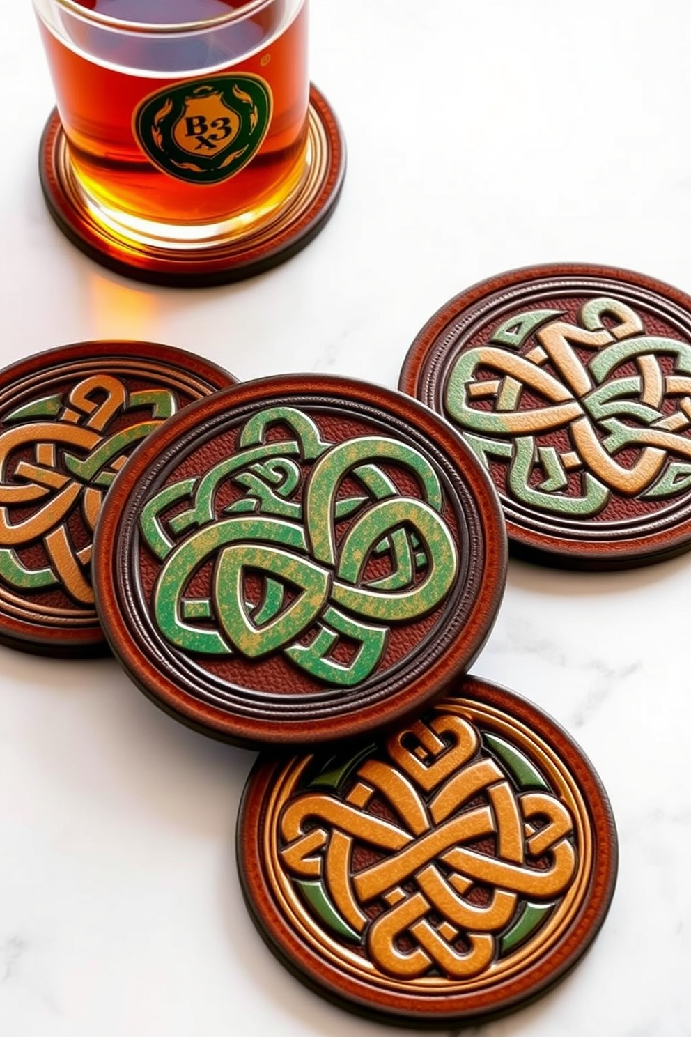 Celtic knot coasters for drinks are elegantly designed with intricate patterns that celebrate Irish heritage. The coasters are made from high-quality materials, featuring rich colors that complement any game room setting. In the game room, these coasters add a festive touch for St. Patrick's Day celebrations. They provide a functional yet decorative element, perfect for entertaining guests while enjoying games and drinks.