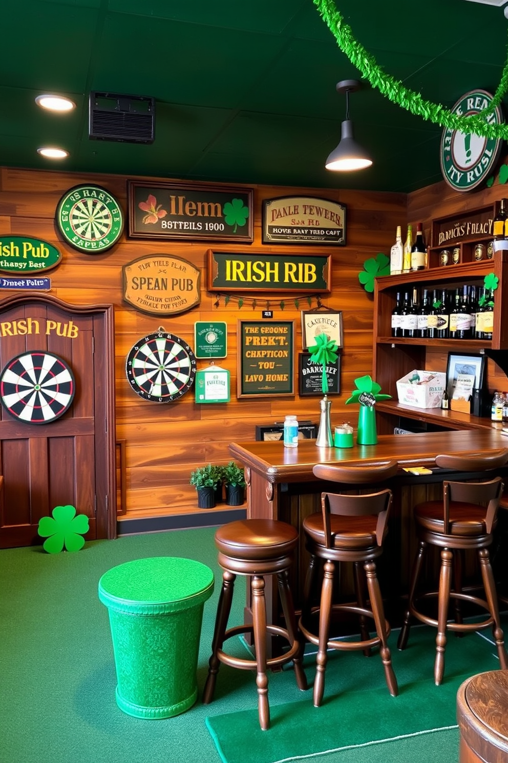 A cozy game room inspired by vintage Irish pub decor. The walls are adorned with classic Irish pub signage featuring rich wood tones and vibrant colors, creating an inviting atmosphere for St. Patrick's Day festivities. A rustic wooden bar with high stools is set against one wall, complemented by a dartboard and shelves lined with whiskey bottles. Green and gold accents are scattered throughout the room, including festive decorations and playful elements that celebrate the spirit of St. Patrick's Day.