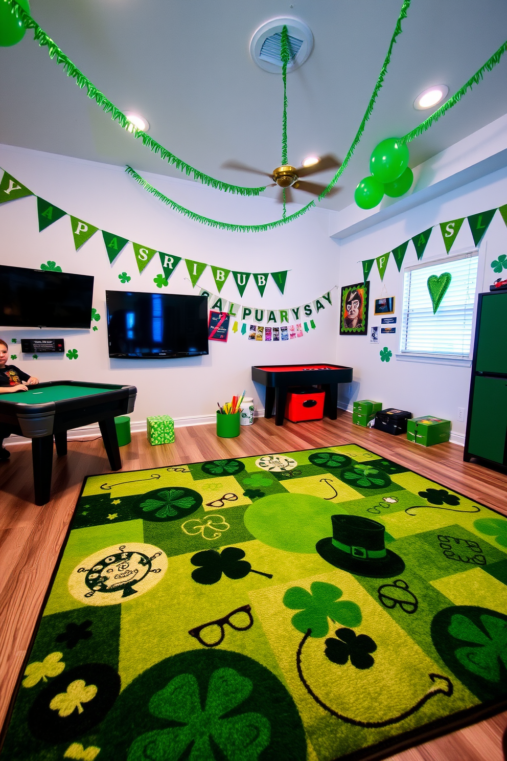 A vibrant game room featuring a St Patrick's Day themed area rug that showcases a mix of green shades and festive symbols like shamrocks and leprechauns. The walls are adorned with playful decorations, including banners and green balloons, creating a lively atmosphere perfect for celebration.