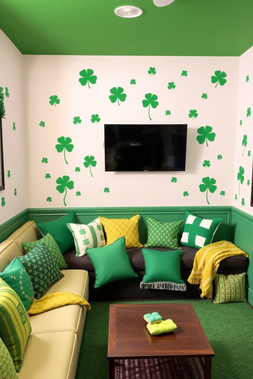 A vibrant game room decorated for St. Patrick's Day featuring playful four leaf clover wall decals. The walls are adorned with various shades of green, and a cozy seating area is set up with festive cushions and throws.