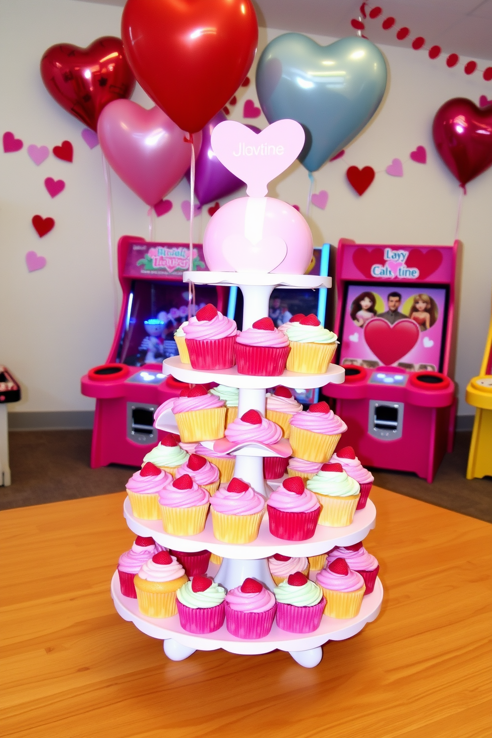 A whimsical cupcake stand is adorned with luscious pink frosting, showcasing an array of colorful cupcakes arranged in a tiered display. The backdrop features playful Valentine’s Day decorations, including heart-shaped balloons and garlands that create a festive atmosphere in the game room.