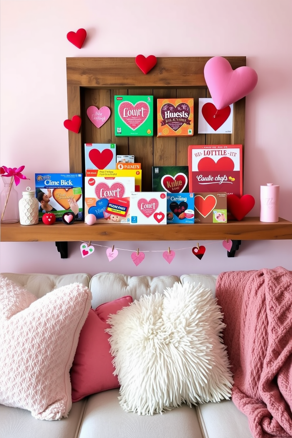 A cozy game room decorated for Valentine's Day features a vibrant display of heart-themed board games on a rustic wooden shelf. Soft pink and red accents adorn the room, with plush cushions and throws arranged on a comfortable sofa, creating a warm and inviting atmosphere.