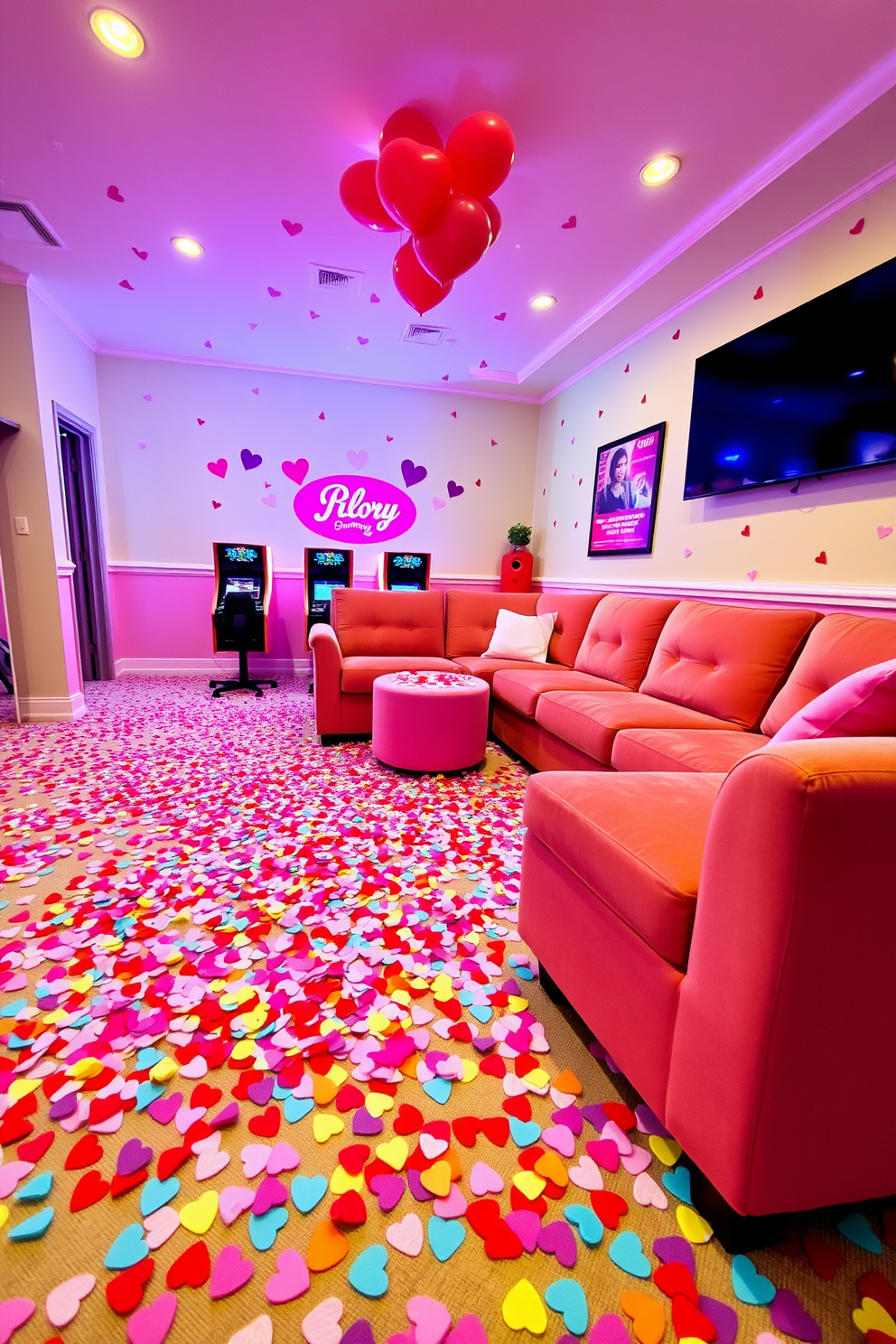 A vibrant game room adorned with colorful heart-shaped confetti scattered across the floor. The walls are painted in cheerful pastel colors, and a large, plush sectional sofa invites guests to relax and enjoy the festivities.