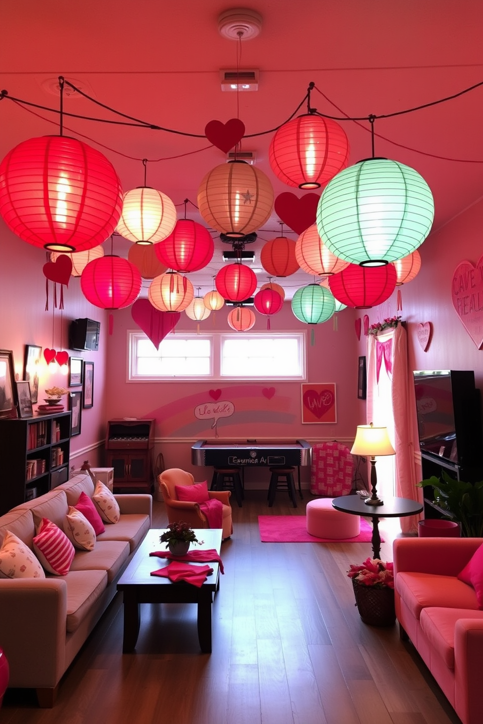 A cozy game room adorned with hanging paper lanterns in romantic colors creates an inviting atmosphere. The soft glow from the lanterns enhances the playful decor, featuring comfortable seating and vibrant accents for a festive Valentine's Day celebration.