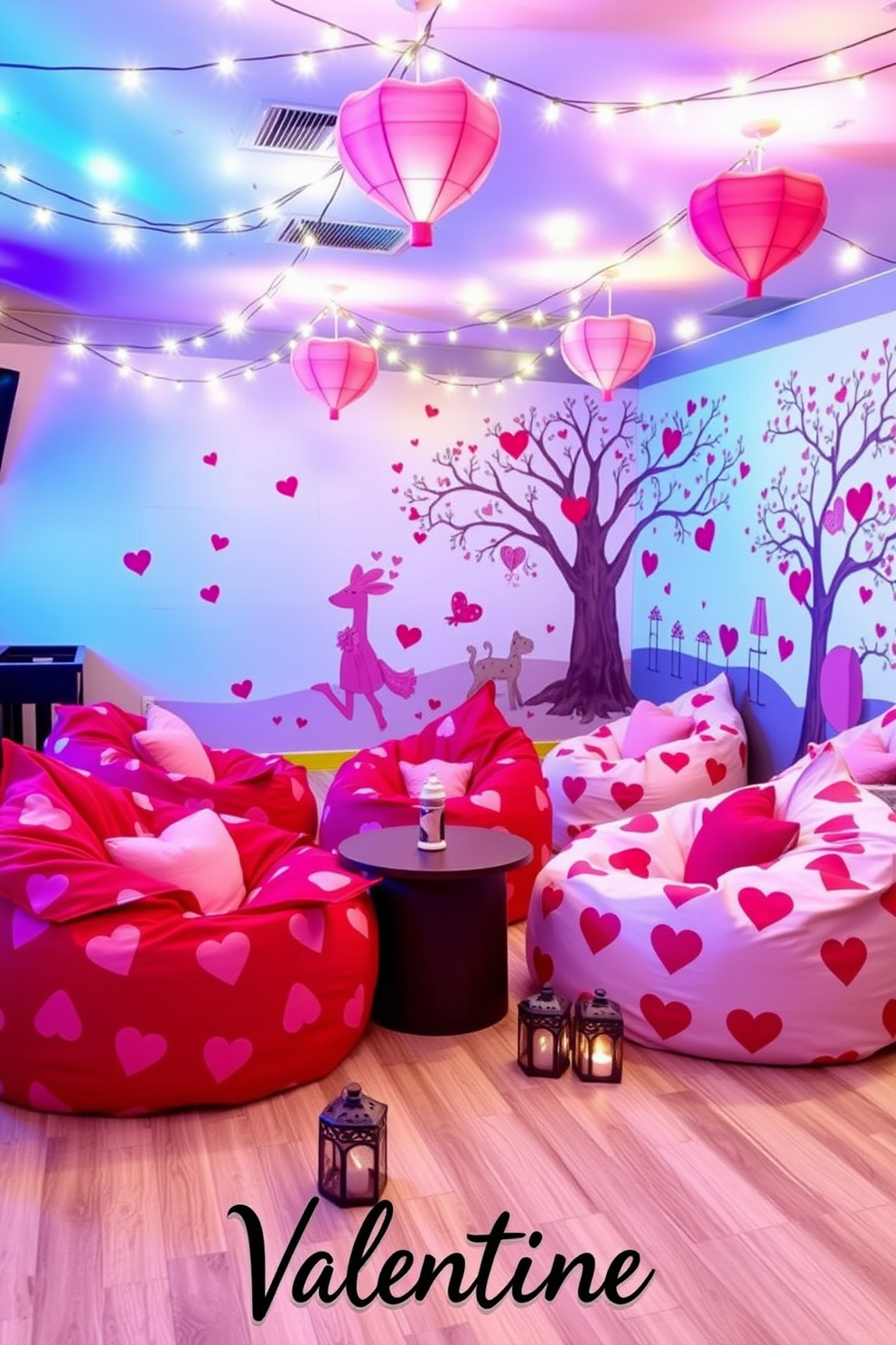 Valentine themed bean bags for seating create a cozy and inviting atmosphere in the game room. The bean bags are adorned with heart patterns in shades of red and pink, providing a playful yet stylish seating option for guests. Soft lighting enhances the romantic vibe, with string lights draped across the ceiling and heart-shaped lanterns placed around the room. A large wall mural featuring a whimsical Valentine's Day scene adds a fun focal point, making the space perfect for celebrating the holiday.