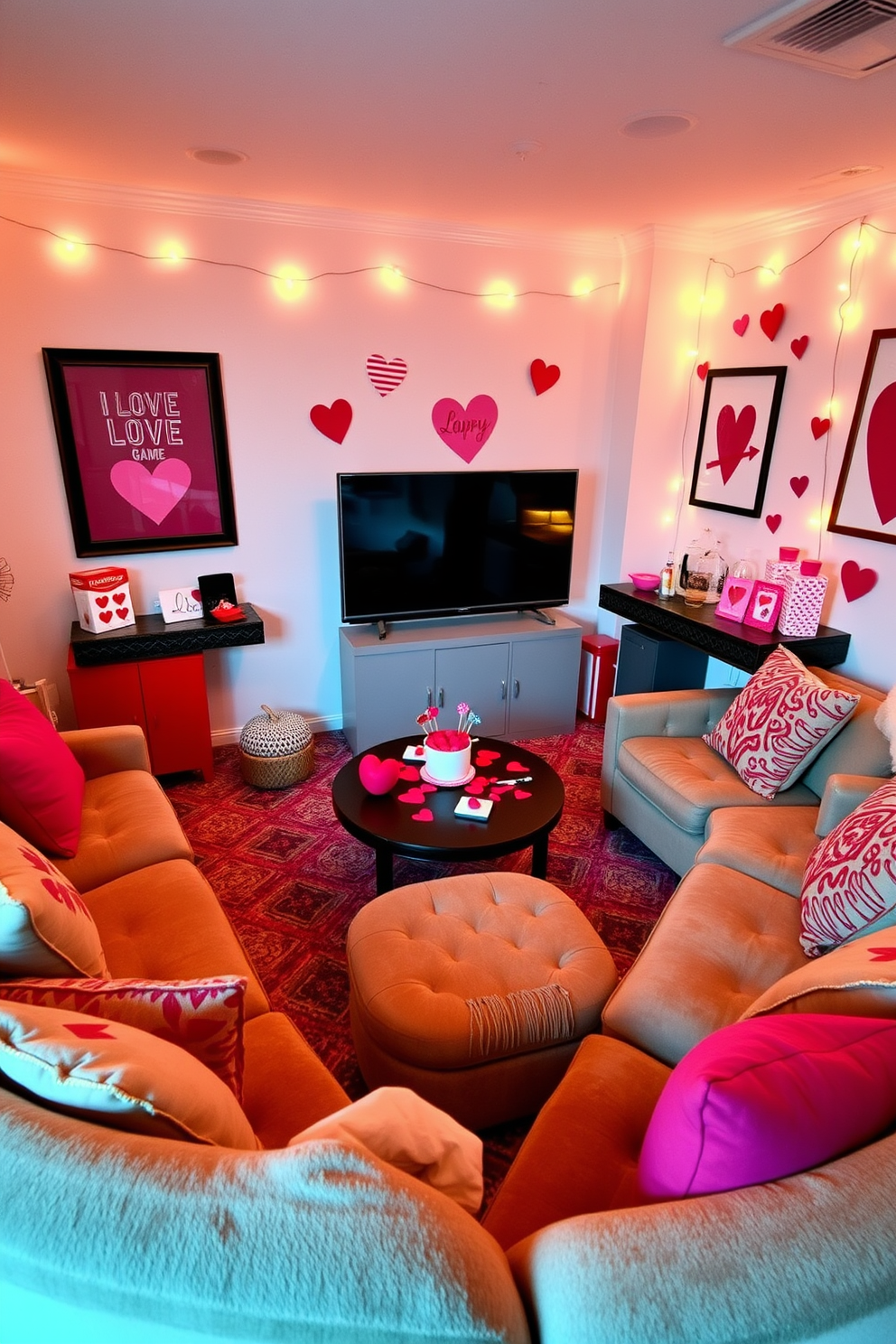 A cozy game room designed for Valentine's Day features a heart-themed trivia game setup. Soft lighting creates an intimate atmosphere, with plush seating arranged around a central coffee table adorned with romantic decorations. The walls are decorated with playful love-themed artwork and string lights that add warmth. A snack bar in the corner offers sweet treats and drinks, inviting guests to enjoy a fun and engaging evening.