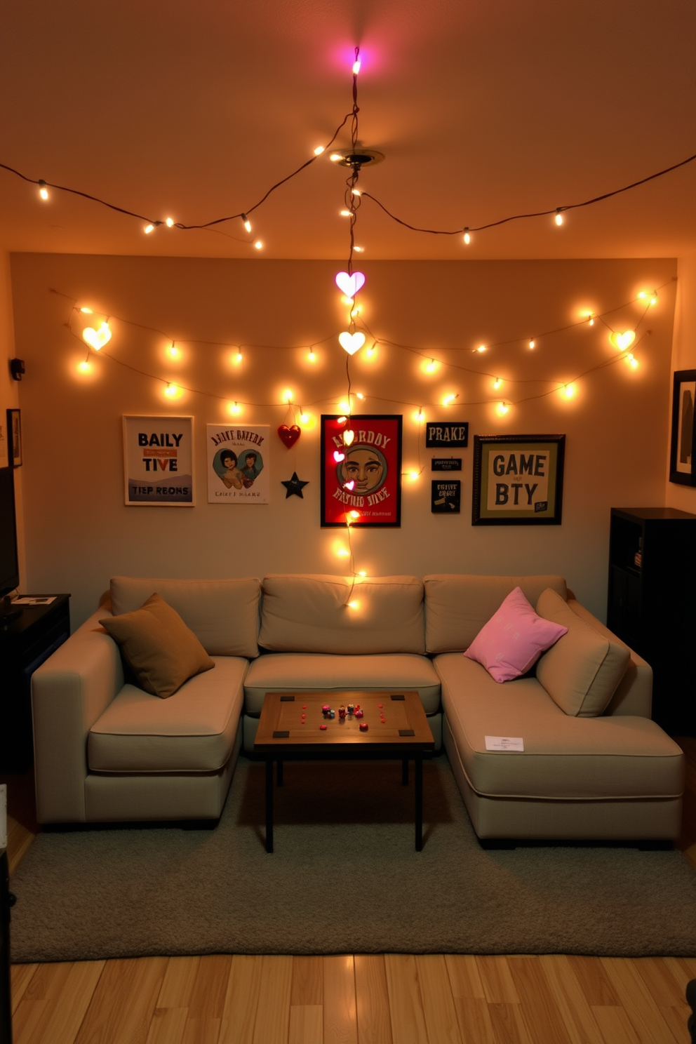 A cozy game room adorned with a string of heart-shaped fairy lights, casting a warm and inviting glow throughout the space. The walls are decorated with playful artwork, and a comfortable sectional sofa is arranged around a coffee table, perfect for game nights with friends.