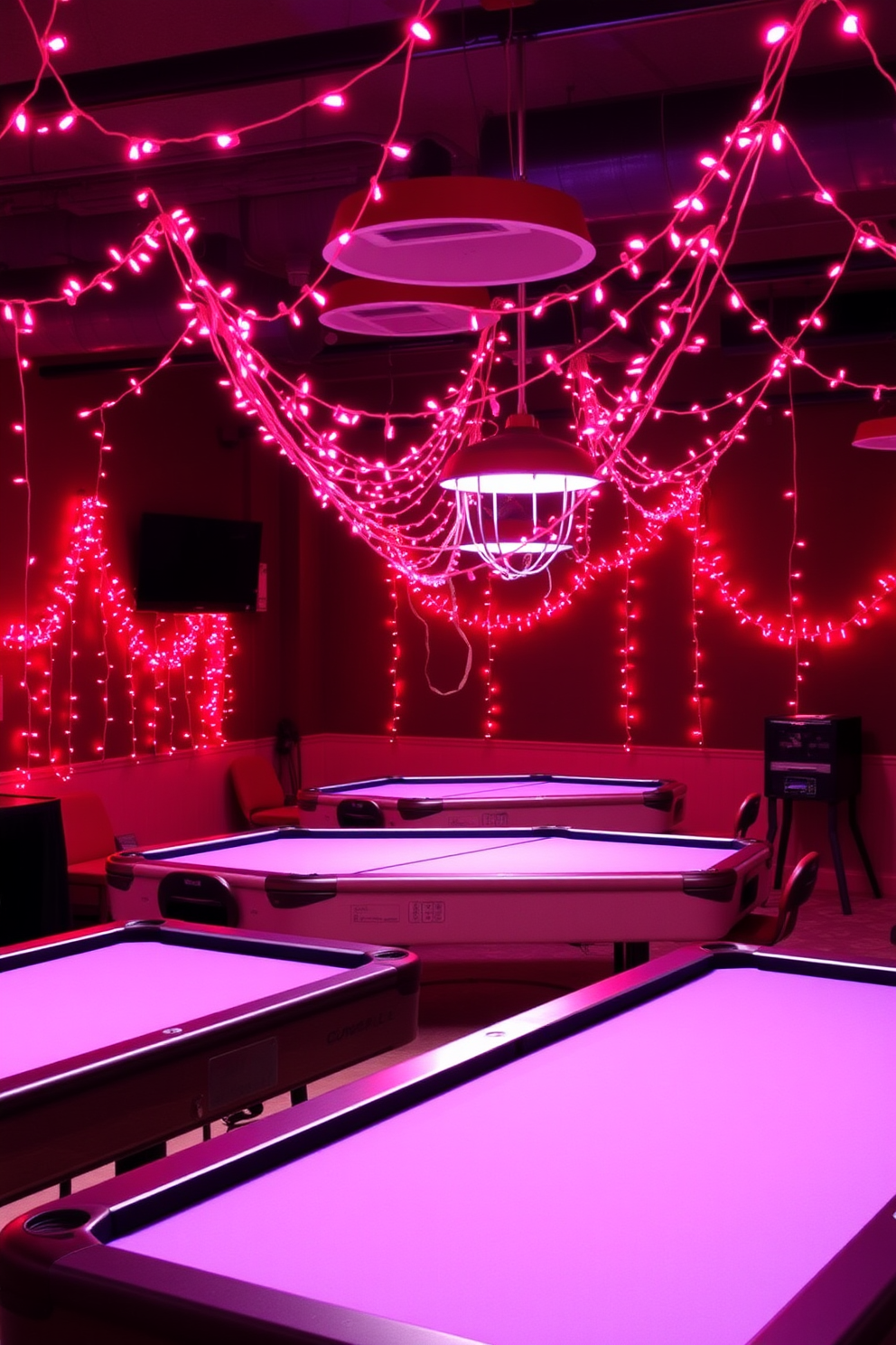 A vibrant game room adorned with red and pink string lights draped elegantly around the walls. The lights create a warm and festive atmosphere perfect for Valentine's Day celebrations.