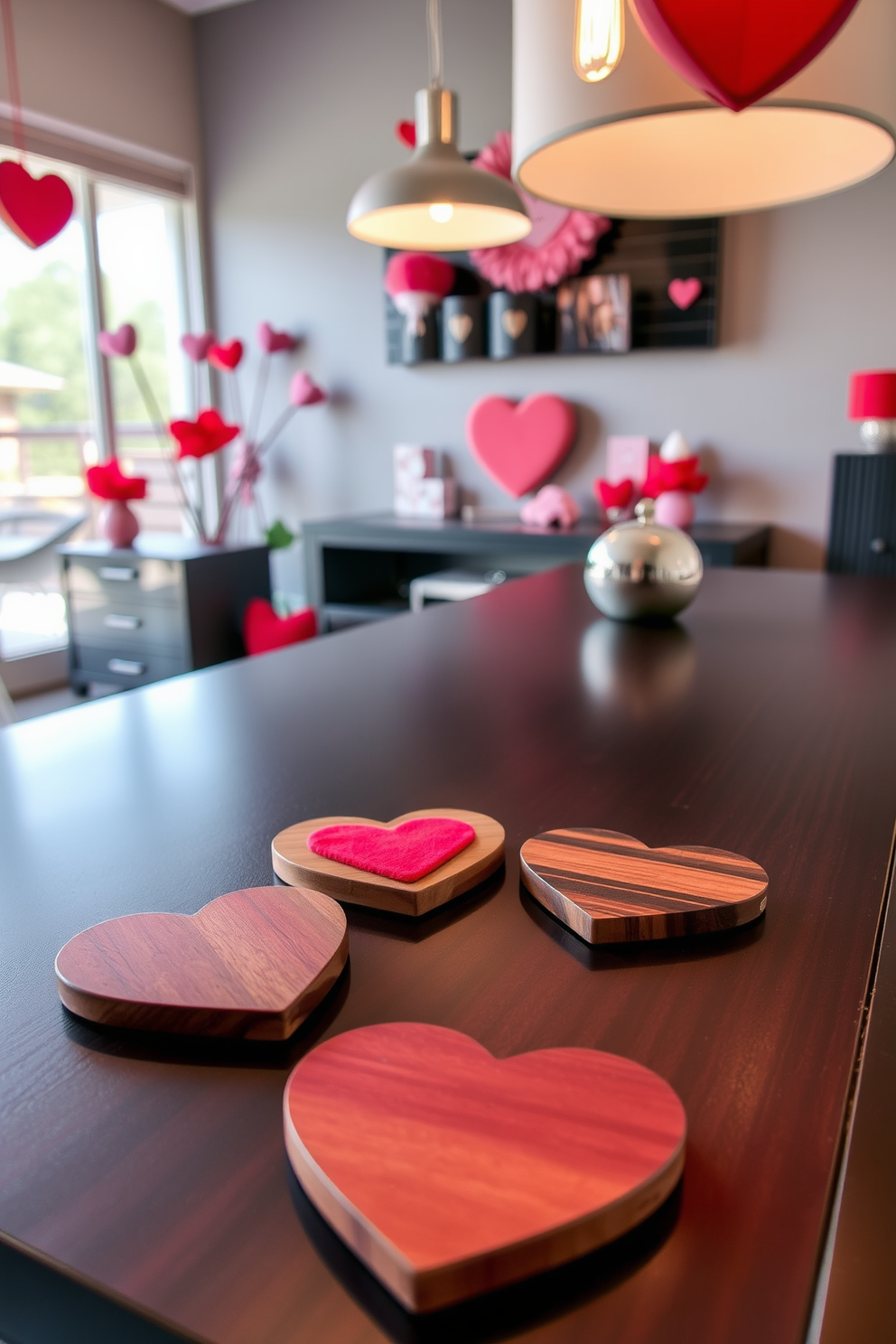 Heart-shaped coasters are placed on a sleek game table, adding a playful touch to the room. The coasters are made of polished wood with a rich mahogany finish, contrasting beautifully with the table's dark surface. Surrounding the game table, vibrant decorations in shades of red and pink create a festive atmosphere for Valentine's Day. Soft lighting from stylish pendant lamps enhances the cozy ambiance, inviting friends and family to enjoy the space.