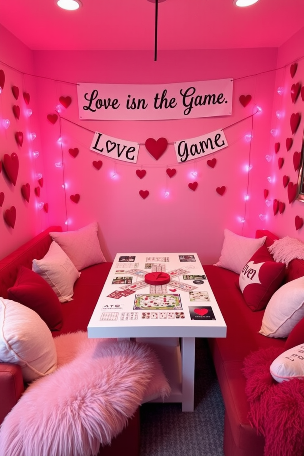 A cozy game room designed for a Valentine themed game night. The walls are adorned with heart-shaped decorations and soft pink lighting creates a warm ambiance. A large table is set up with various board games and card games, surrounded by plush seating in shades of red and white. Heart-shaped cushions and throws add a playful touch, while a banner reading 