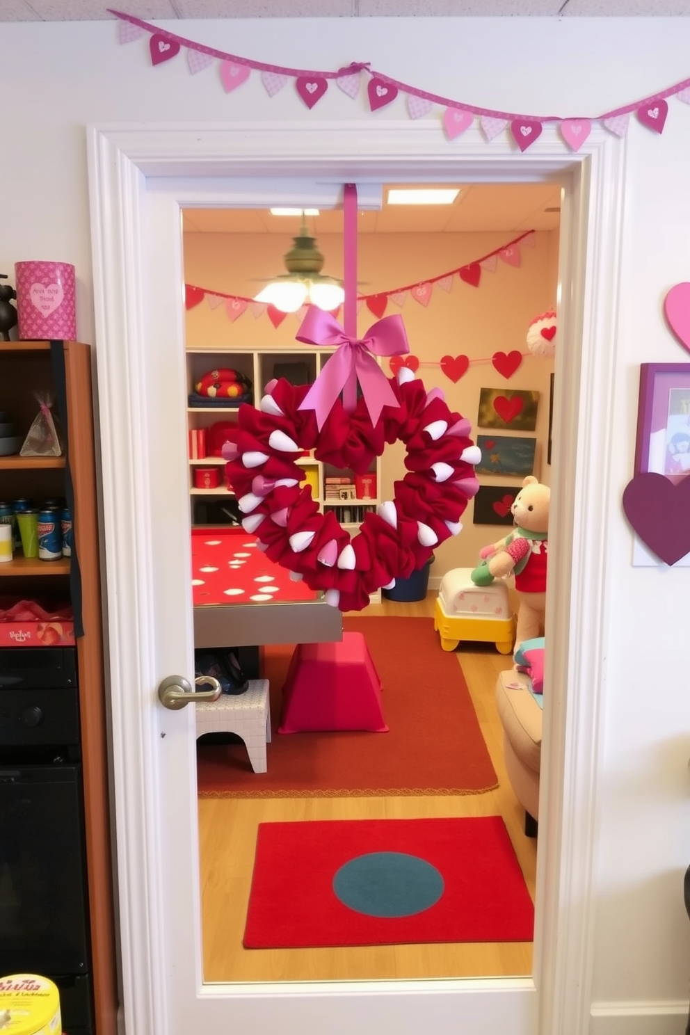 A charming game room adorned for Valentine's Day features a decorative heart wreath hanging on the door. Inside, colorful accents and playful decor create a festive atmosphere perfect for celebrating love and friendship.