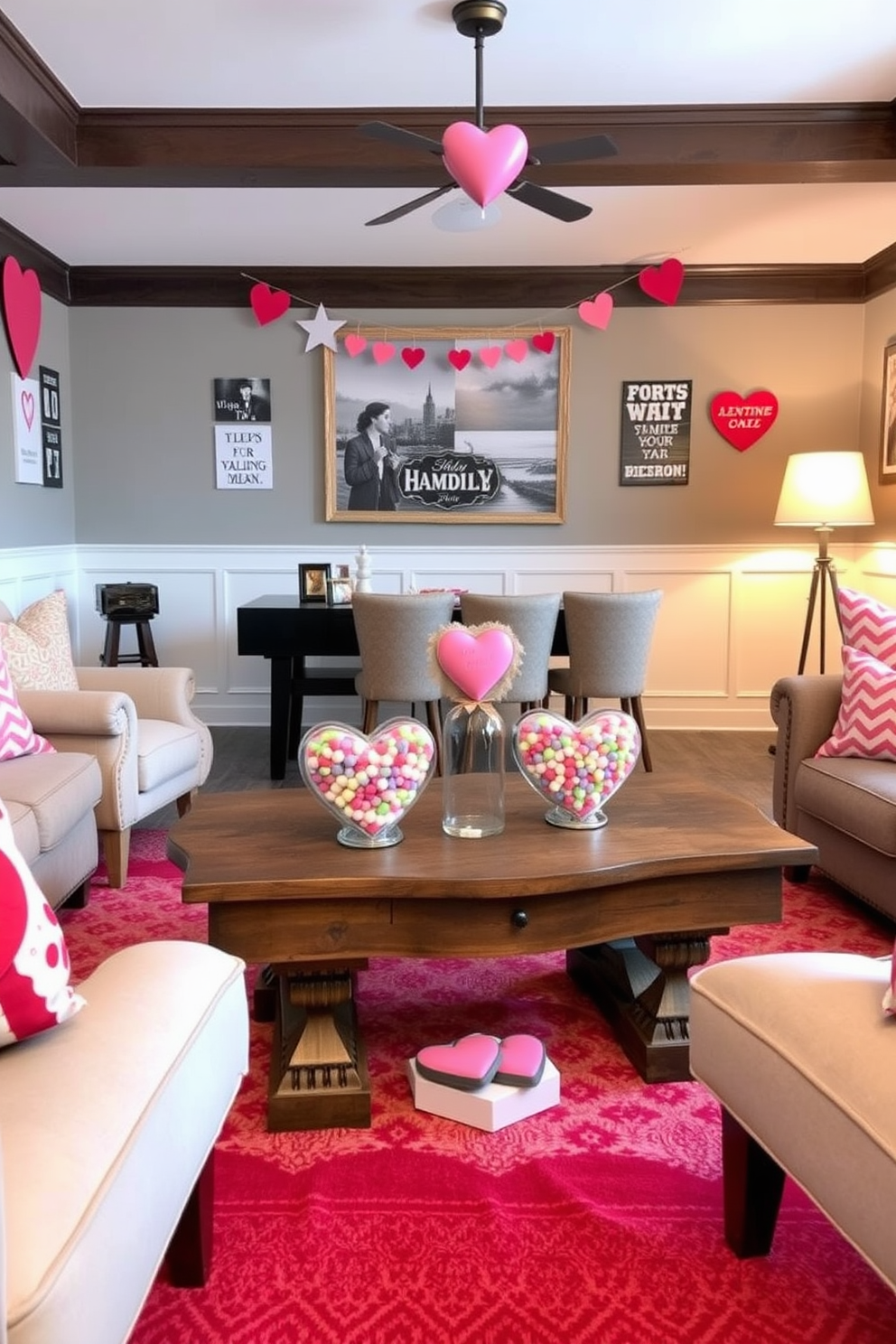 A cozy game room decorated for Valentine's Day features heart-shaped candy jars filled with colorful treats placed on a rustic wooden coffee table. Soft lighting creates a warm atmosphere while plush seating arrangements invite guests to relax and enjoy the space.