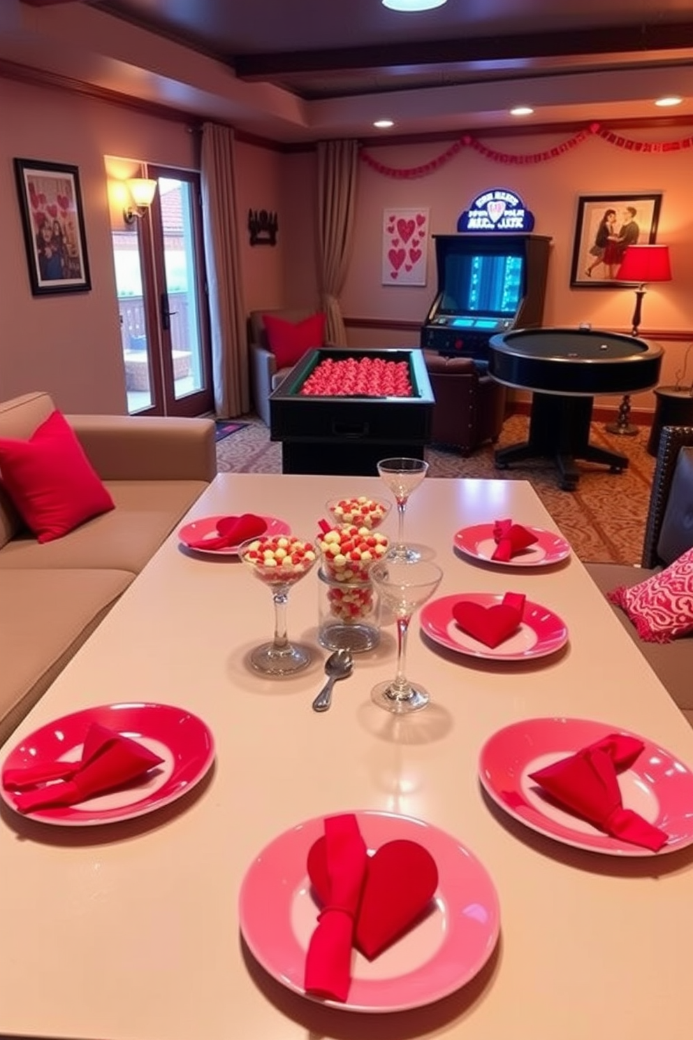 A charming game room setup featuring Valentine themed tableware for snacks. The table is adorned with heart-shaped plates and vibrant red napkins, creating a festive atmosphere. Soft lighting casts a warm glow over the room, enhancing the romantic vibe. Plush seating arrangements invite guests to relax and enjoy the Valentine's Day festivities.