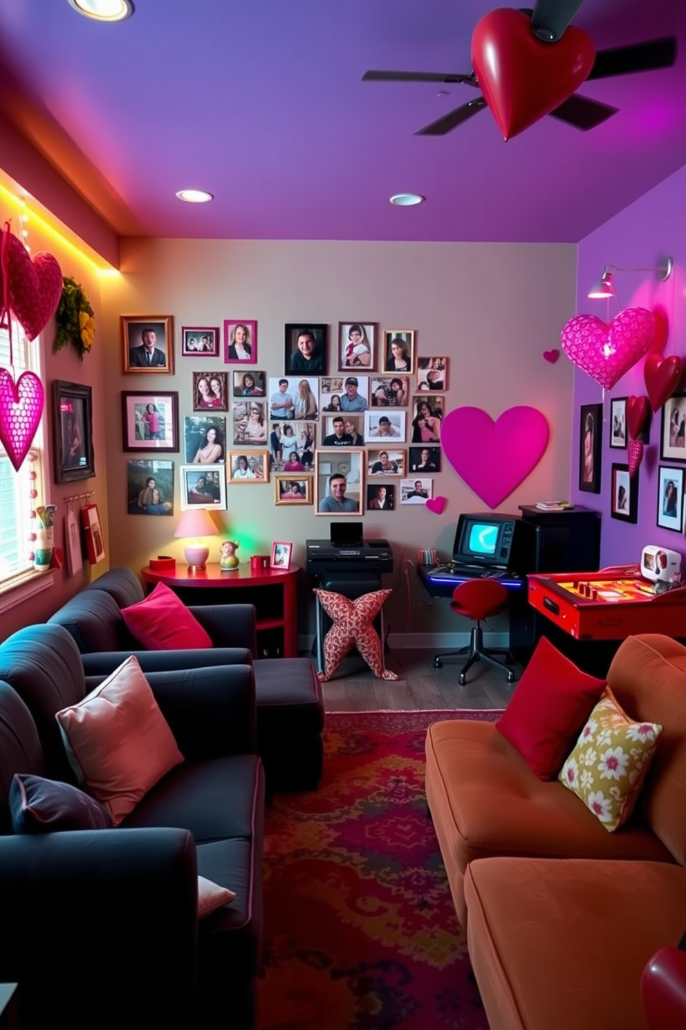 A cozy game room filled with vibrant colors and playful decor. The walls are adorned with a DIY photo collage of loved ones, showcasing cherished memories in various frames. For Valentine's Day, the room is decorated with heart-themed accents and soft lighting. Plush seating is arranged for comfort, creating an inviting atmosphere for friends and family to gather.