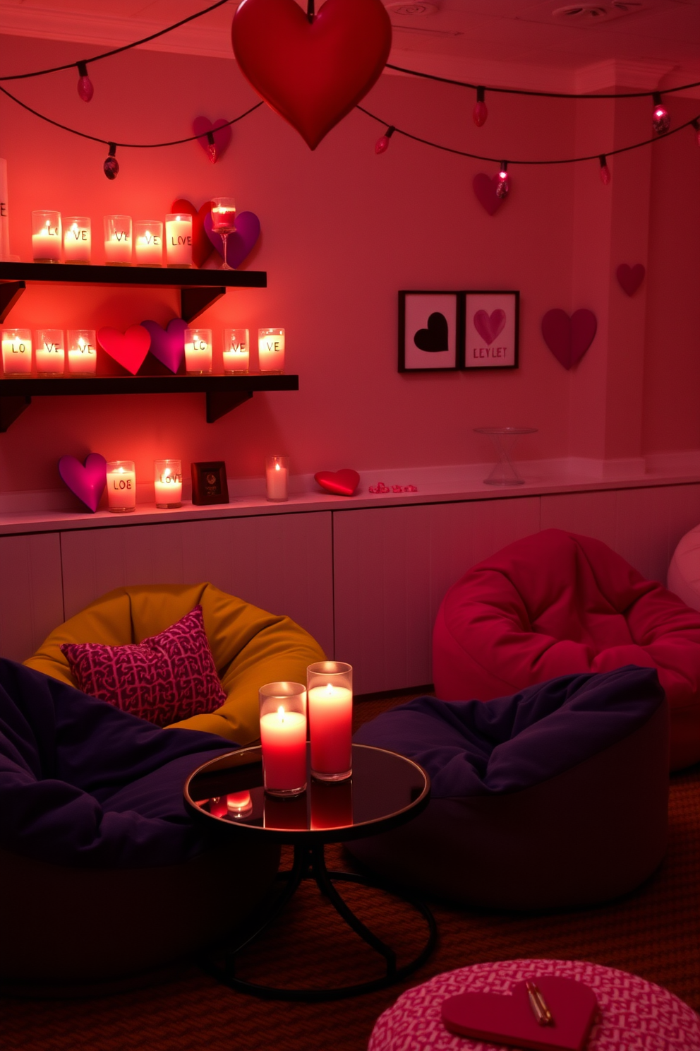 A cozy game room adorned with love-themed candles creates a warm and inviting atmosphere. The candles are placed on shelves and tables, casting a soft glow that enhances the playful decor of the space. Colorful bean bags and plush seating invite guests to relax and enjoy games together. Heart-shaped decorations and subtle Valentine’s Day accents add a festive touch to the overall design.