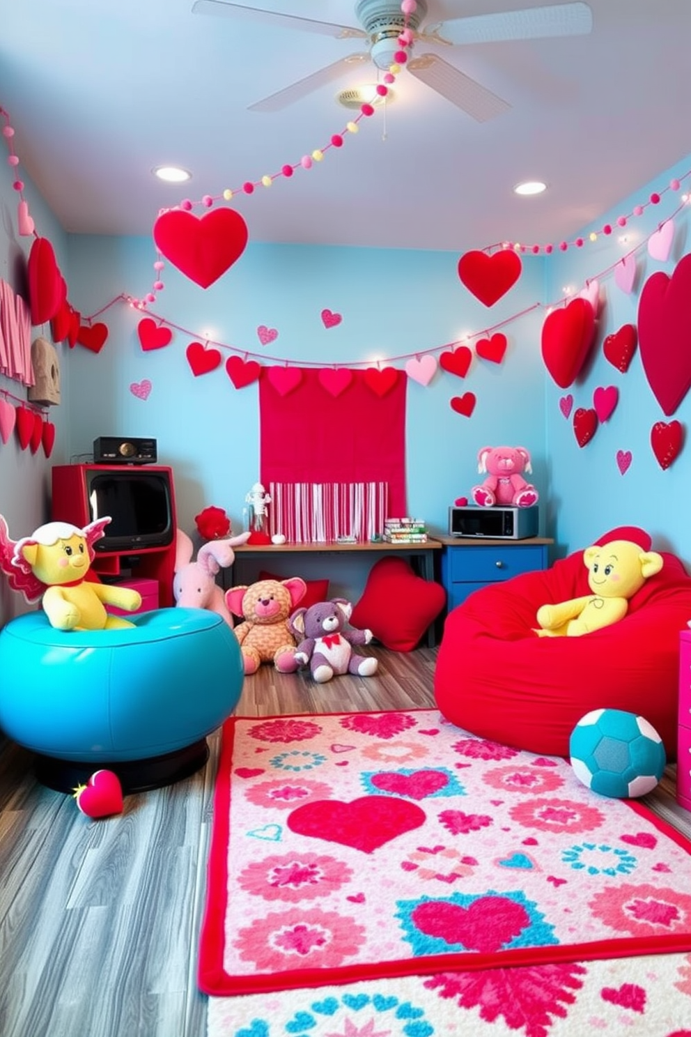 A vibrant game room adorned with Valentine themed plush toys creates a playful and inviting atmosphere. The walls are decorated with heart-shaped garlands, and a large red bean bag chair adds a cozy touch to the space. Colorful plush toys in the shapes of hearts and Cupid can be scattered around the room, enhancing the festive feel. A fun area rug featuring playful patterns adds warmth and ties the decor together, making it the perfect spot for friends to gather and celebrate.