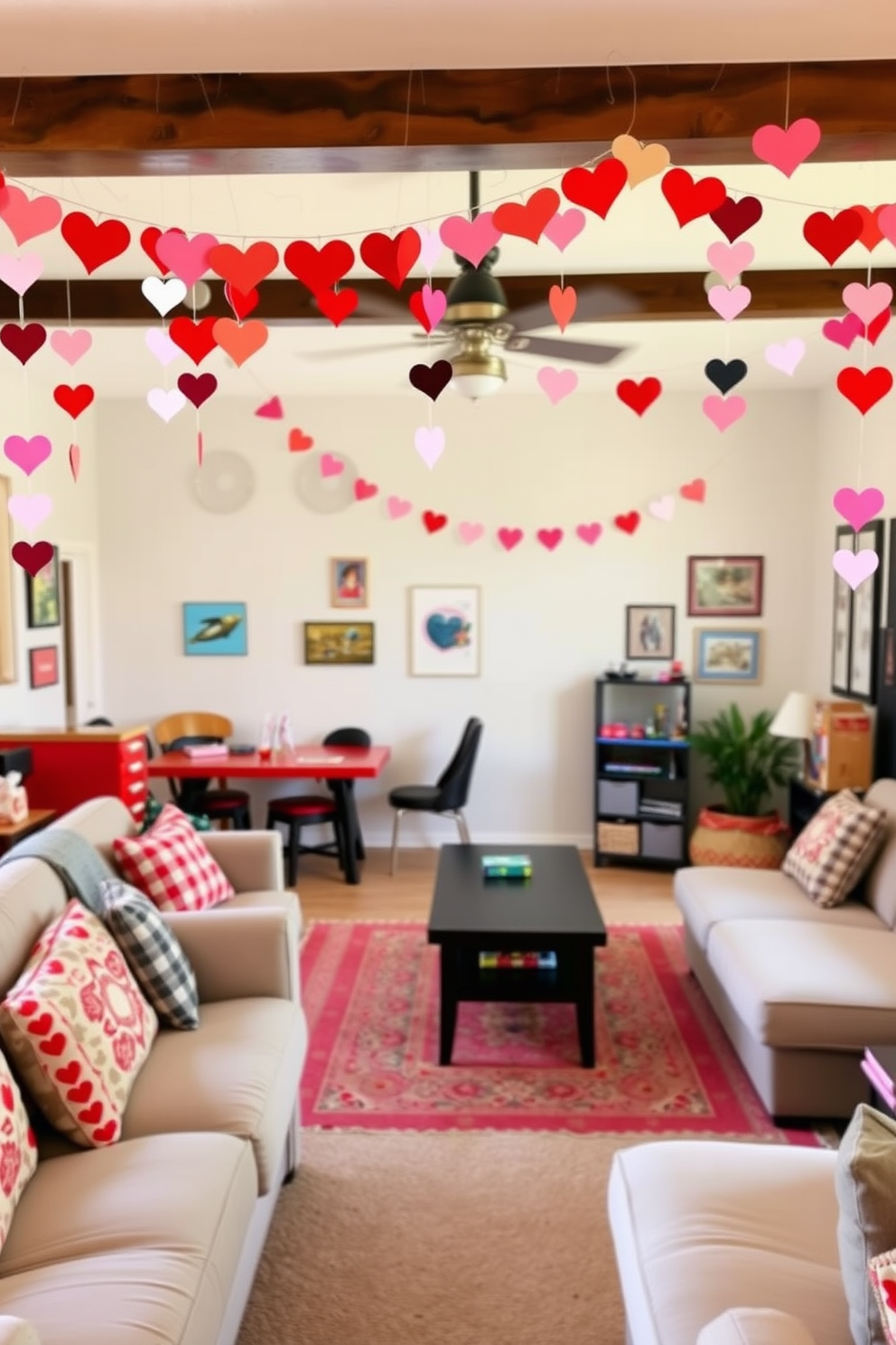 A cozy game room decorated for Valentine's Day features a vibrant DIY paper chain garland made of colorful heart shapes hanging from the ceiling. The walls are adorned with playful wall art and the furniture is arranged to create a welcoming space for friends and family to gather and enjoy games together.