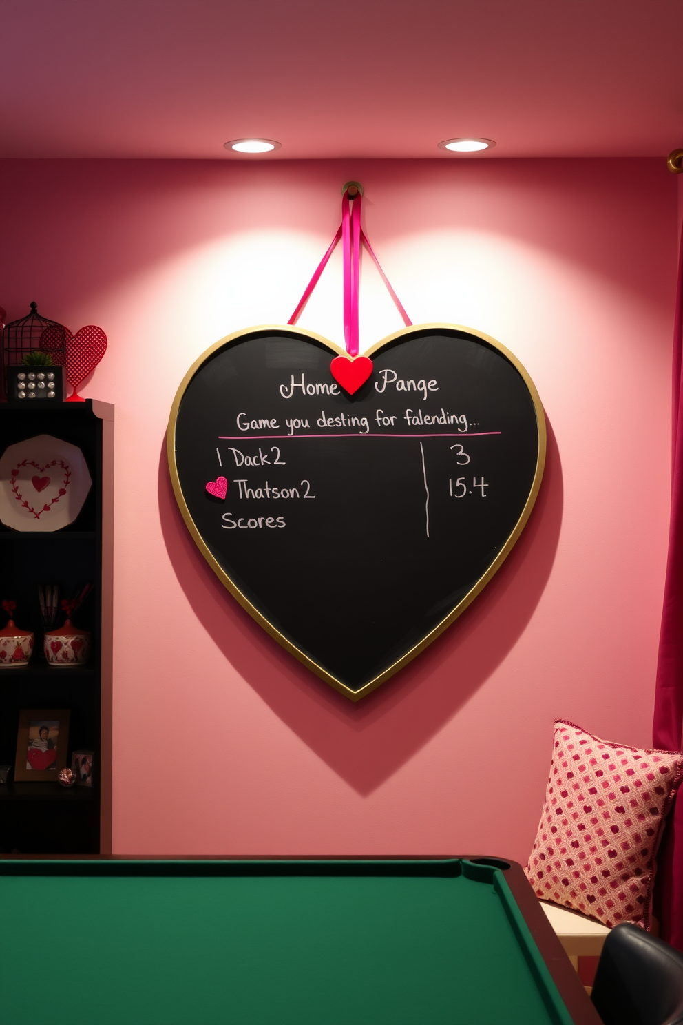 A cozy game room featuring a heart-shaped chalkboard mounted on the wall for tracking game scores. The room is decorated with soft pink and red accents, creating a warm and inviting atmosphere for Valentine's Day celebrations.