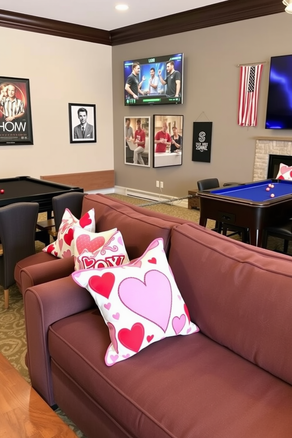 A cozy game room adorned with Valentine themed throw pillows on the sofas. The pillows feature playful heart patterns in shades of red and pink, adding a festive touch to the space.