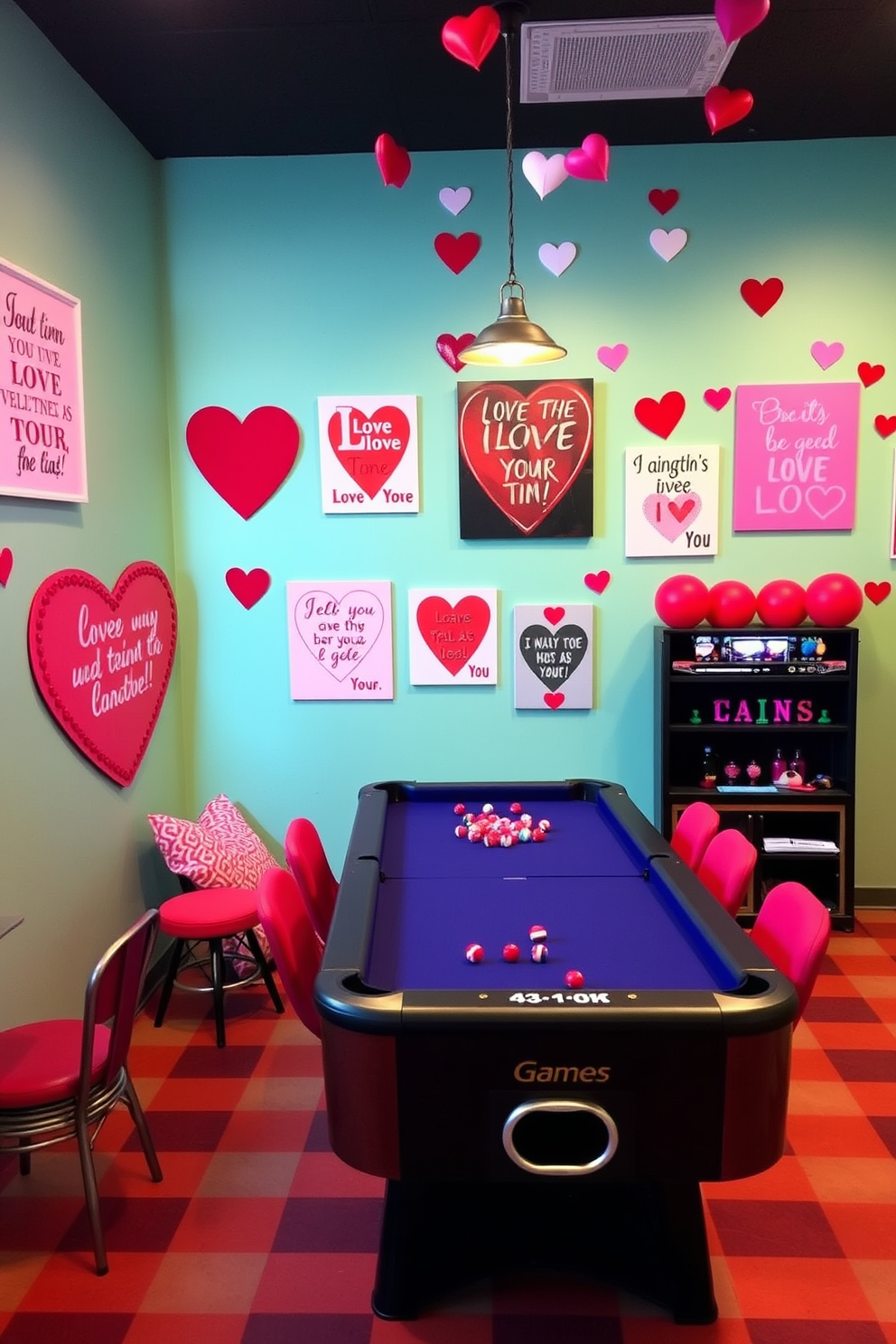 A vibrant game room decorated for Valentine's Day. The walls are adorned with wall art featuring love quotes and hearts in various colors, creating a playful and romantic atmosphere.