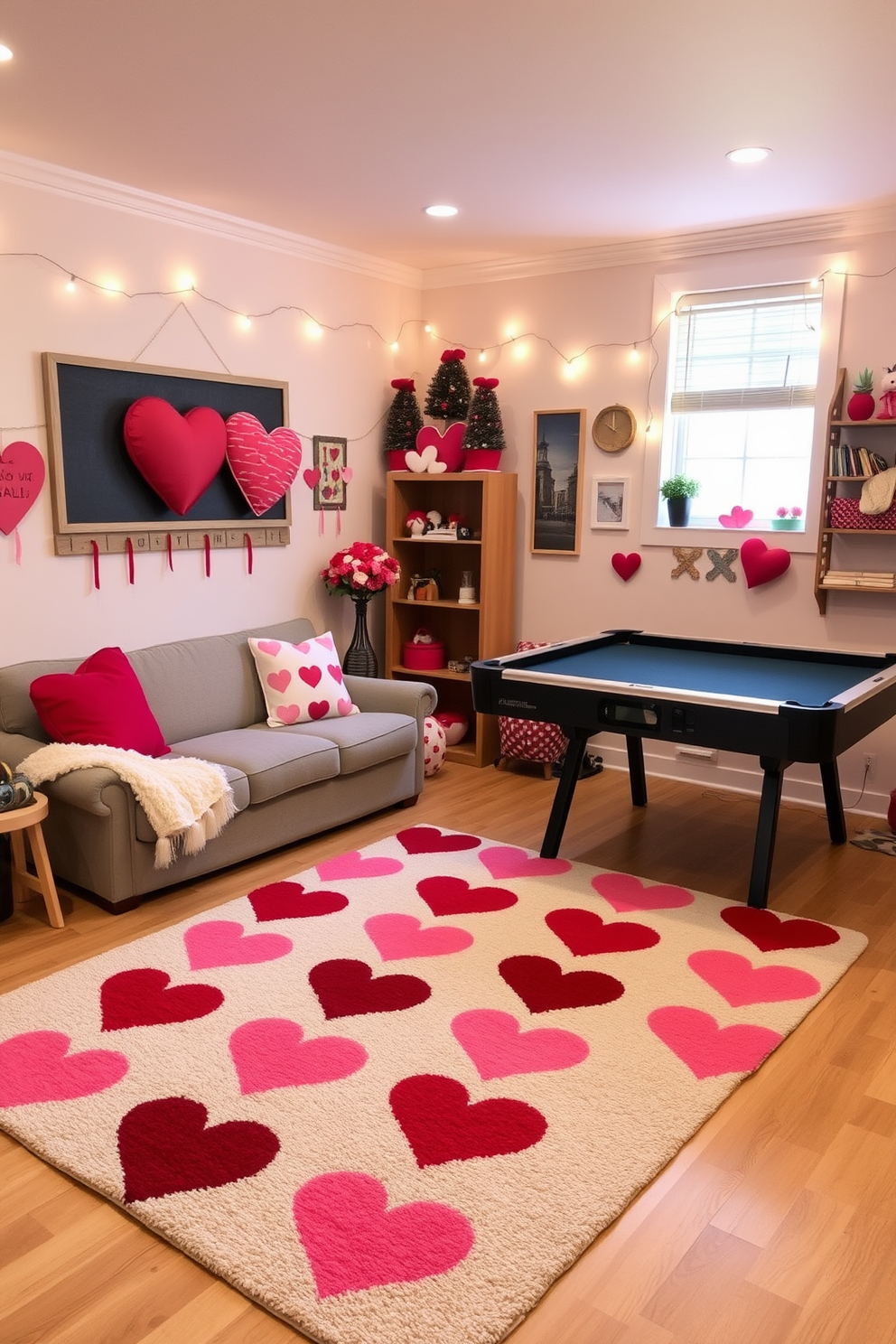 A cozy game room featuring a heart-patterned area rug that adds warmth and comfort to the space. The room is filled with playful decor, including festive Valentine's Day accents like heart-shaped cushions and string lights.