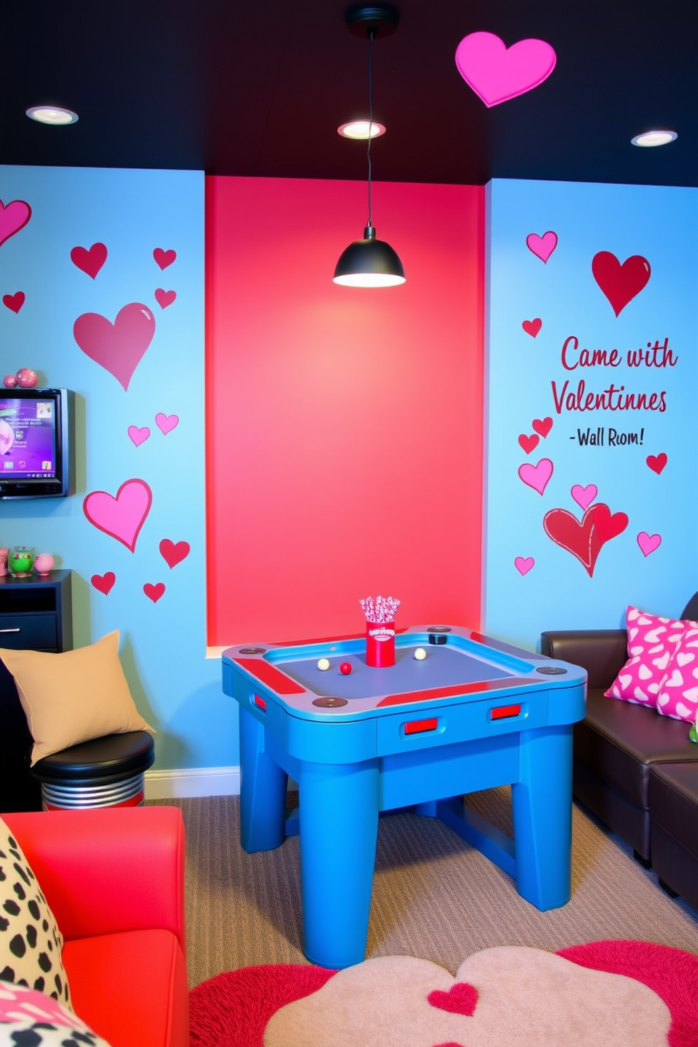 Create a vibrant game room decorated with Valentine themed wall decals that feature hearts and playful messages. The walls are adorned with colorful designs, and the space is filled with cozy seating and festive accents to enhance the celebratory atmosphere.