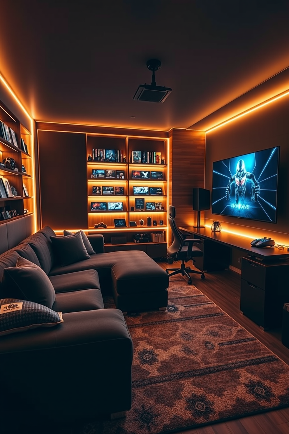 Cozy gaming nook with ambient lighting. The space features a plush sectional sofa in dark gray, surrounded by soft throw pillows and a large area rug. Warm LED strip lights line the shelves filled with video games and collectibles. A sleek gaming desk holds a high-end gaming monitor and ergonomic chair, creating the perfect atmosphere for extended play sessions. Gaming Man Cave Design Ideas. The room is designed with soundproofing panels and a large projection screen for immersive gaming experiences. Rich wooden accents and comfortable seating create a welcoming environment for friends to gather and enjoy gaming marathons together.