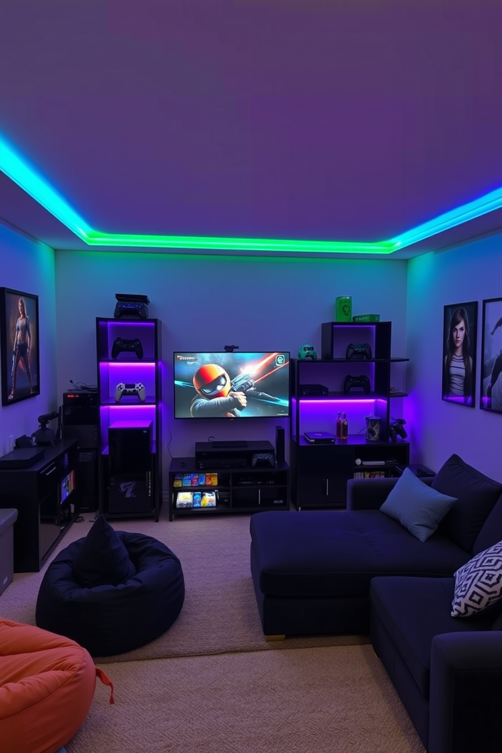 A multi-console gaming setup features a sleek black entertainment center with multiple shelves to accommodate various gaming consoles and accessories. The room is adorned with LED strip lights that change color, creating an immersive atmosphere for gaming sessions. The gaming man cave is designed with comfortable seating, including a large sectional sofa and bean bags for a relaxed vibe. Walls are decorated with framed gaming art and posters, while a mini-fridge stocked with snacks and drinks adds convenience for long gaming nights.