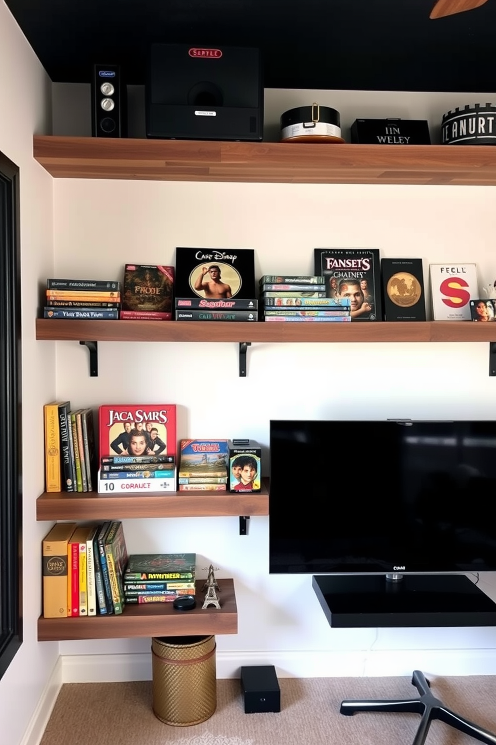 A stylish game man cave featuring floating shelves for game storage. The shelves are made of reclaimed wood and are adorned with neatly organized board games and collectibles.