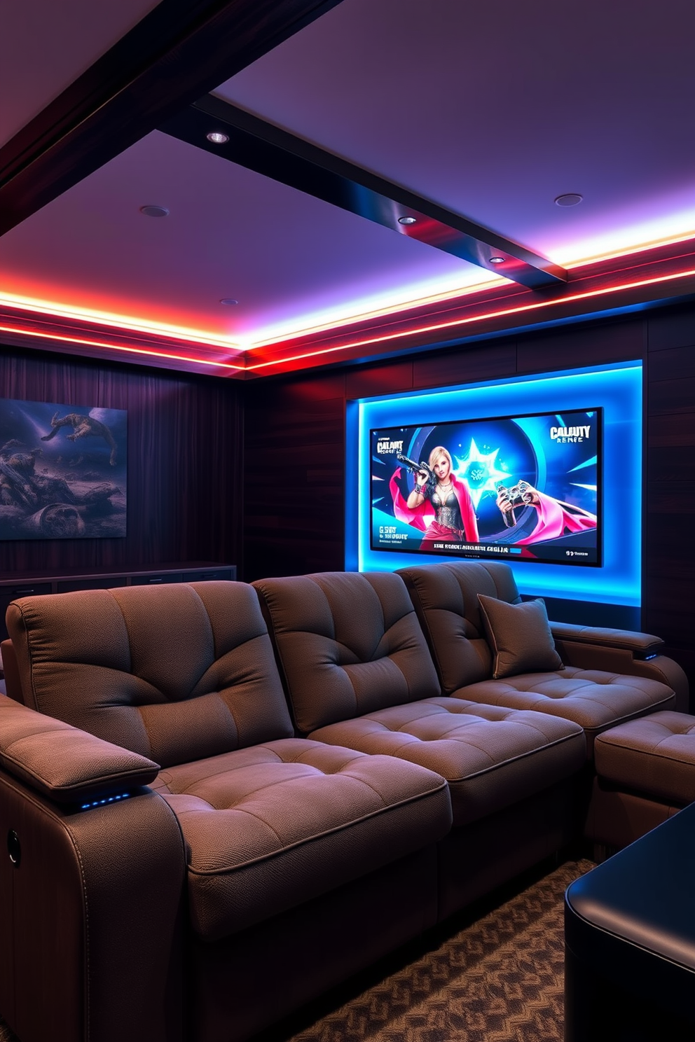 A stylish gaming man cave featuring a plush couch with built-in USB charging ports for convenience. The walls are adorned with dark wood paneling, and ambient LED lighting creates a cozy atmosphere for gaming sessions.