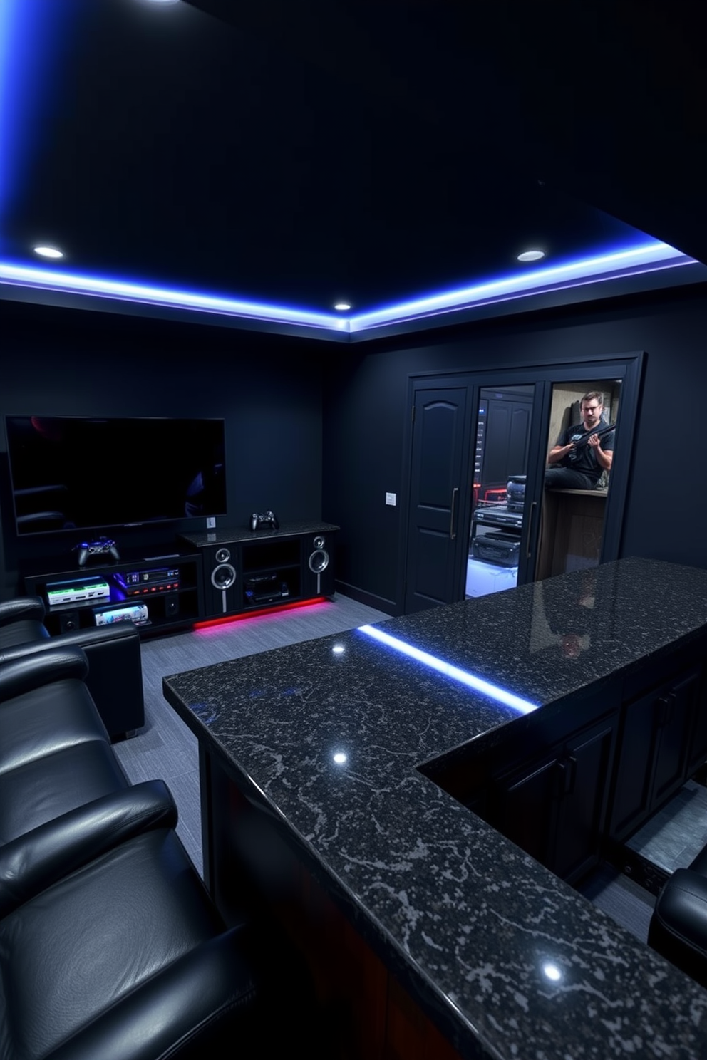 A gaming man cave designed with a dark color palette creates an immersive and cinematic atmosphere. The walls are painted in deep charcoal, complemented by black leather seating and ambient LED lighting that highlights the room's features. In one corner, a large flat-screen TV is mounted above a sleek black entertainment unit filled with gaming consoles and accessories. A custom-built bar area features dark wood cabinetry and a polished granite countertop, perfect for hosting friends during gaming nights.