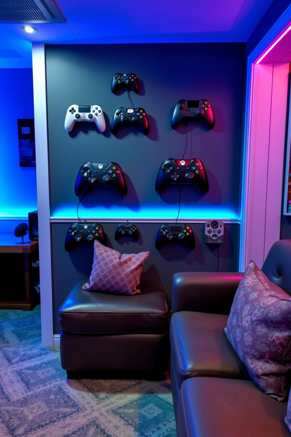 A stylish gaming man cave featuring wall-mounted game controllers for easy access. The room is designed with comfortable seating, ambient lighting, and soundproofing for an immersive gaming experience.