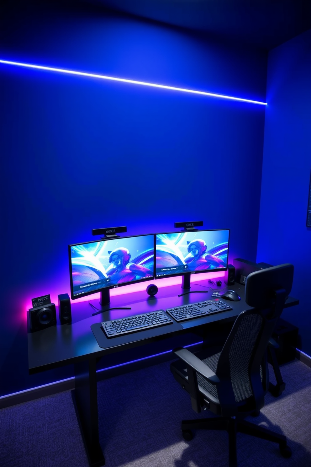 A modern gaming man cave featuring dual monitors mounted on a sleek black desk. The walls are painted in a deep blue hue, and ambient LED lights create a dynamic atmosphere for immersive gameplay.