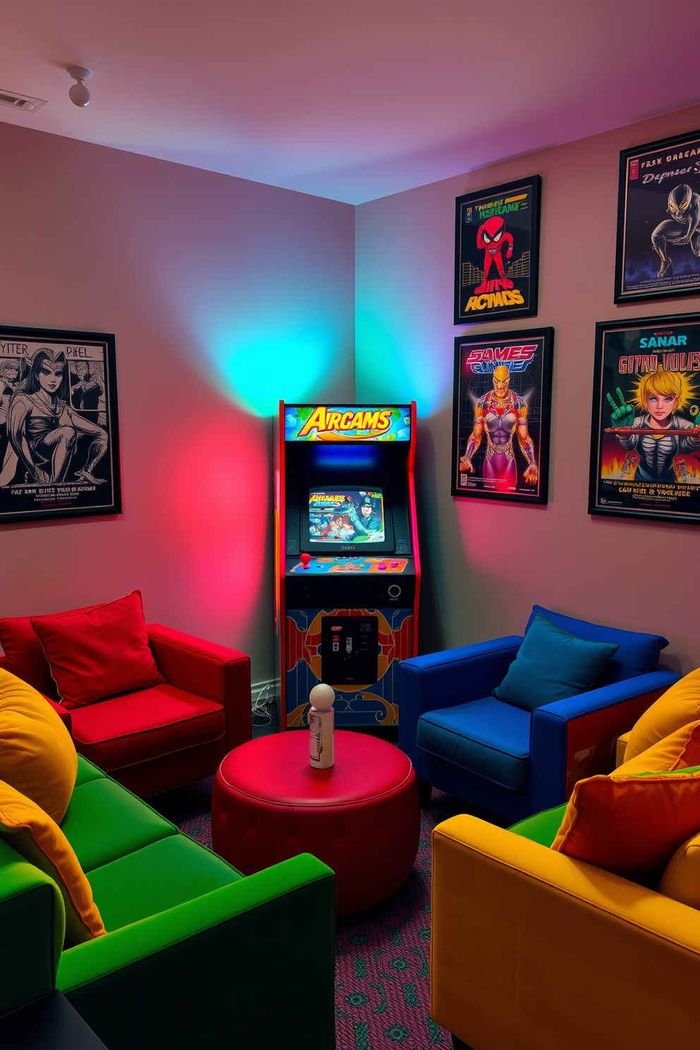 A retro arcade cabinet stands prominently in the corner of the room, adorned with vibrant artwork that captures the essence of classic gaming. Surrounding the cabinet, plush seating in bold colors invites friends to gather and enjoy nostalgic gaming sessions. The walls are decorated with framed posters of iconic video games, adding to the vintage atmosphere. Soft neon lighting illuminates the space, creating a warm and inviting ambiance perfect for a gaming man cave.